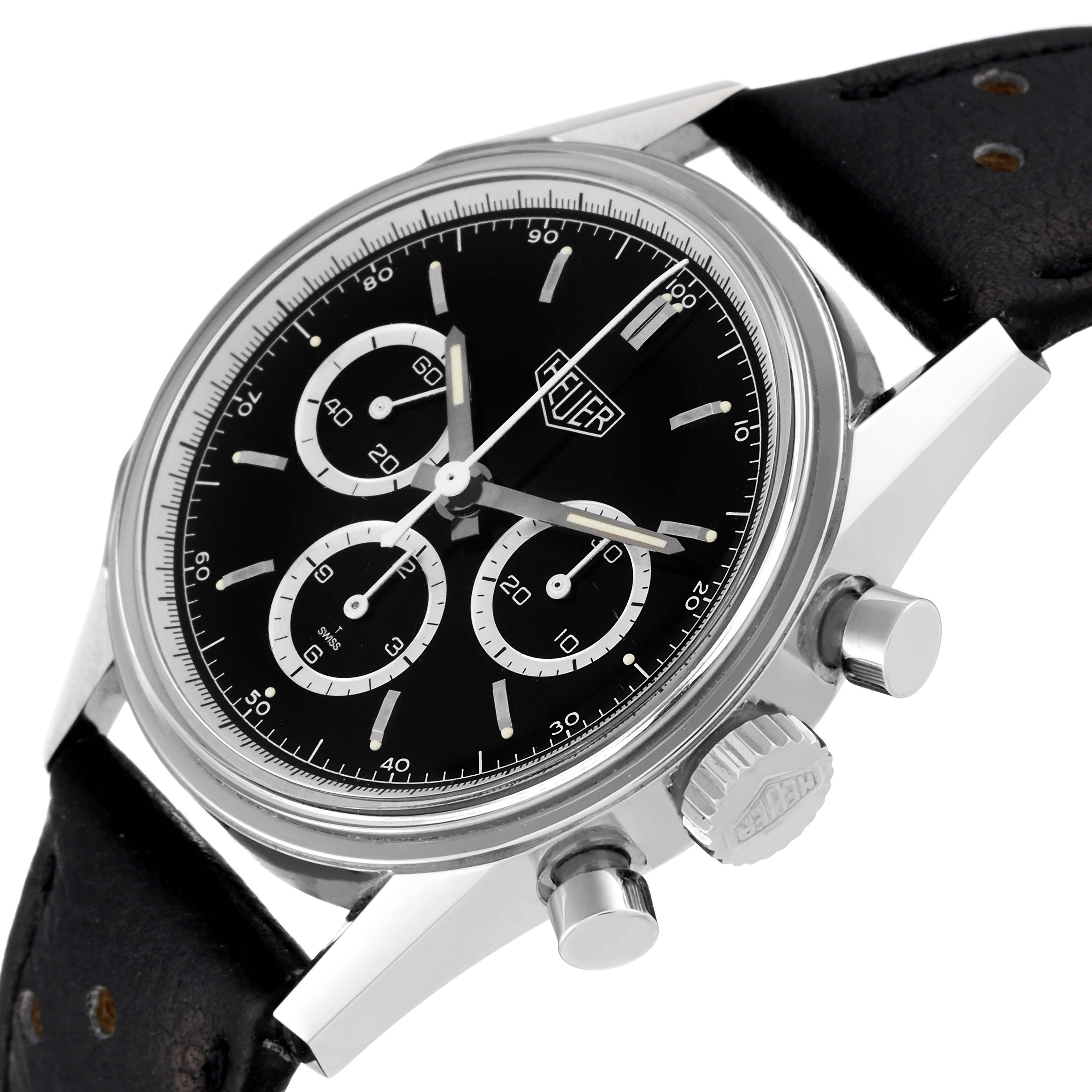 The image shows a side angle of a Tag Heuer Carrera CS3113 Men's Stainless Steel Black Dial CS3113 Men's Stainless Steel Black Dial watch, revealing the crown, pushers, and part of the strap.