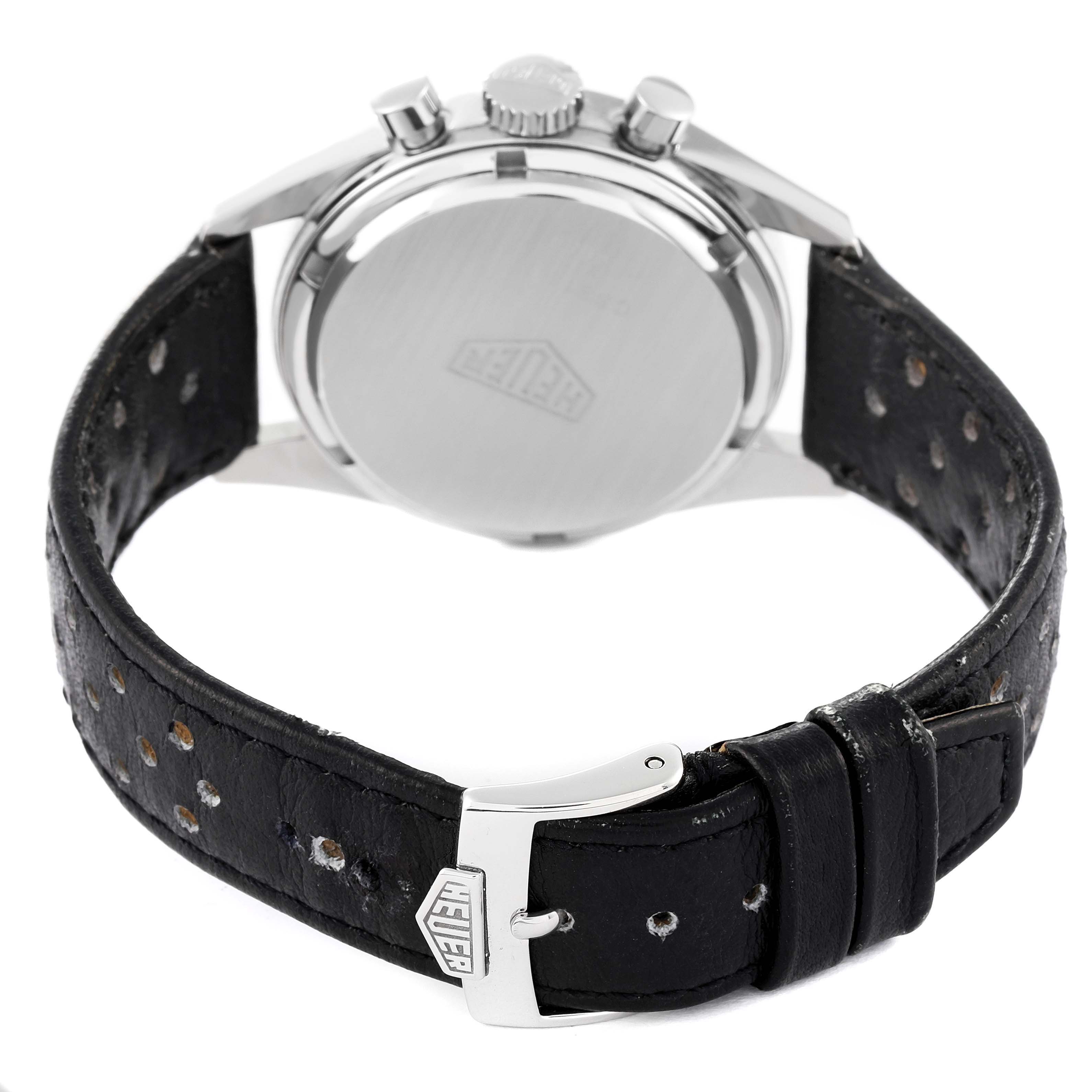 The image shows the back of a Tag Heuer Carrera CS3113 Men's Stainless Steel Black Dial CS3113 Men's Stainless Steel Black Dial watch, displaying the case back, crown, pushers, and black strap with a buckle.