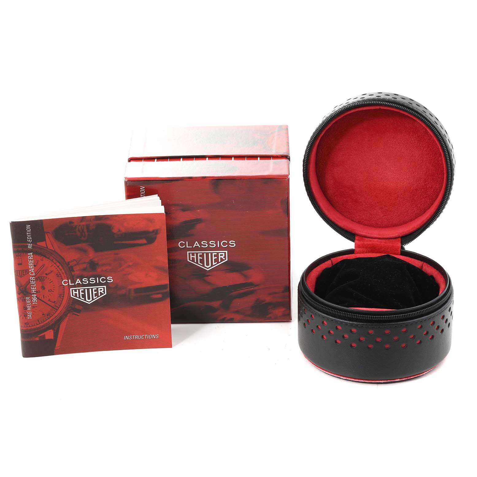 The image shows the packaging and booklet for the Tag Heuer Carrera CS3113 Men's Stainless Steel Black Dial CS3113 Men's Stainless Steel Black Dial model watch, including a circular red and black watch case.