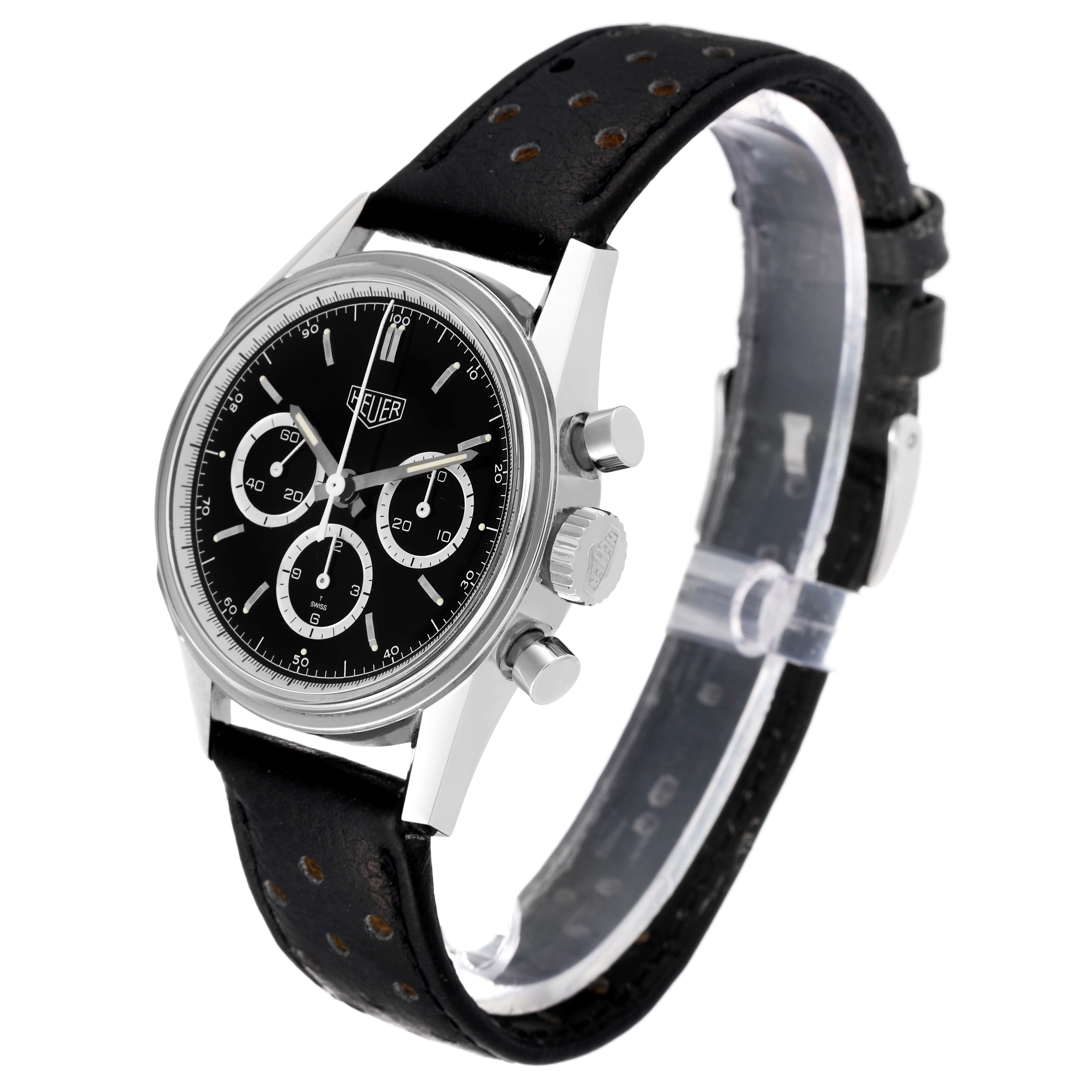 The image shows a Tag Heuer Carrera CS3113 Men's Stainless Steel Black Dial CS3113 Men's Stainless Steel Black Dial watch at a slight angle, highlighting its black dial, chronograph sub-dials, and black leather strap.