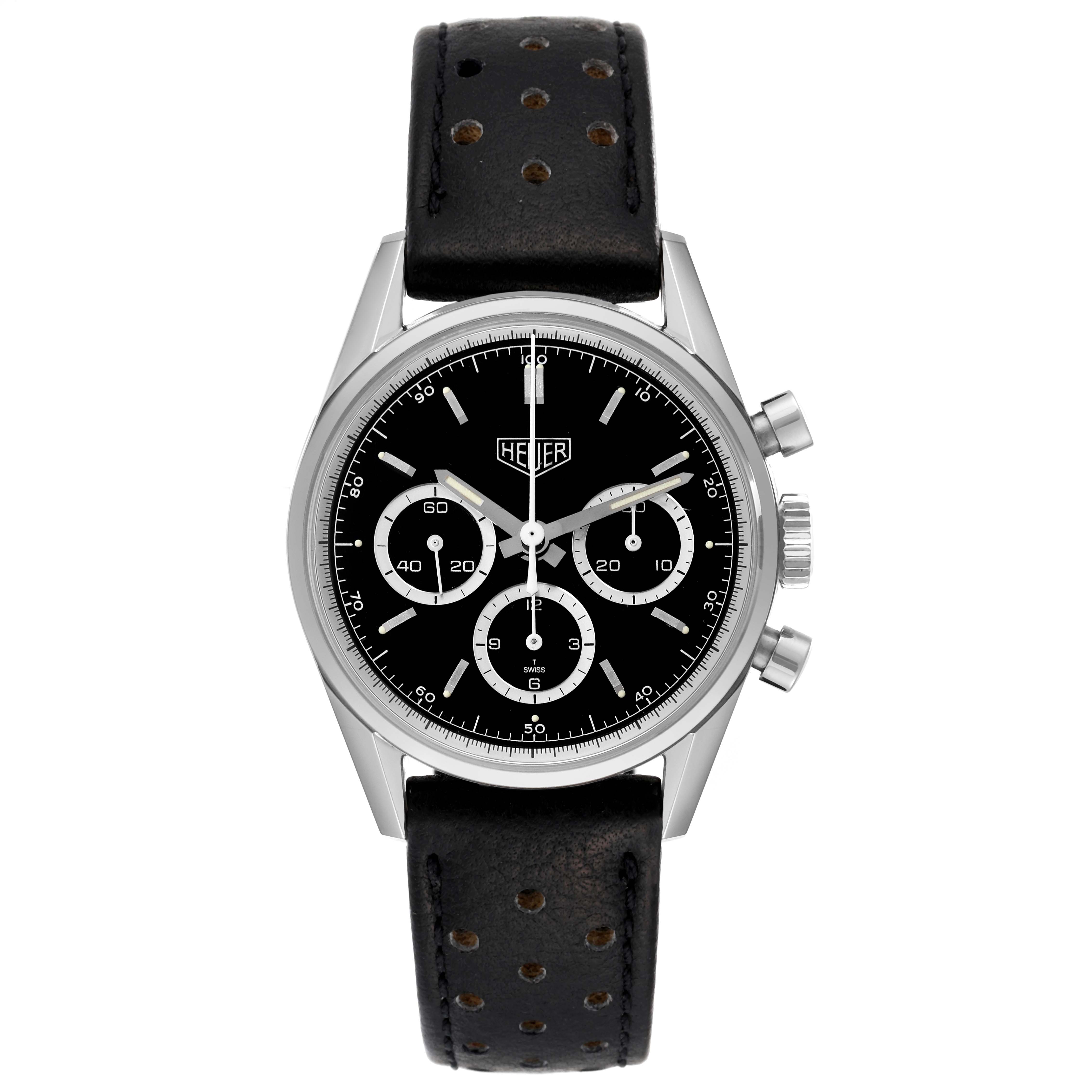 This image shows a frontal view of the Tag Heuer Carrera CS3113 Men's Stainless Steel Black Dial CS3113 Men's Stainless Steel Black Dial model watch, featuring a black dial, three sub-dials, and a perforated leather strap.