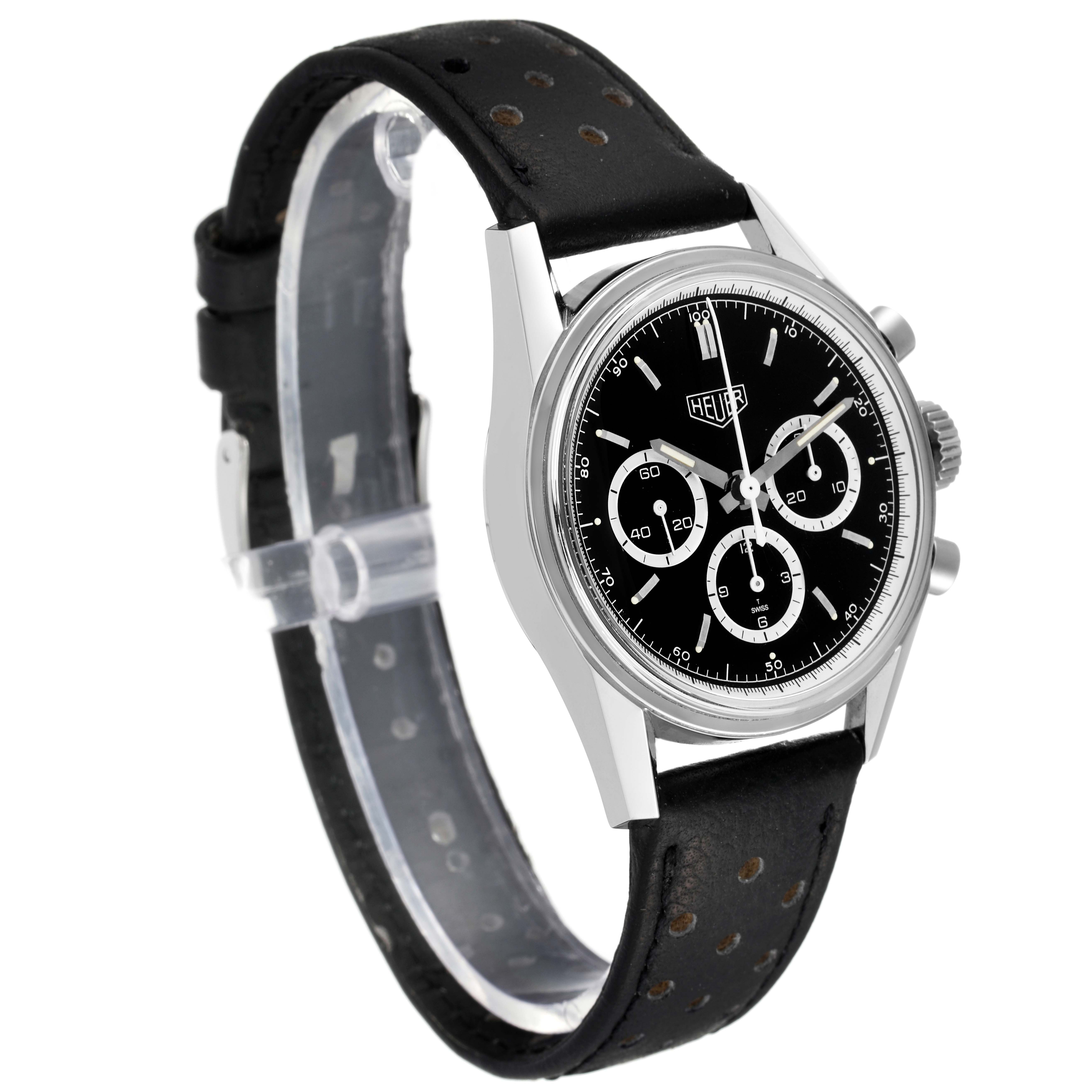 The image shows a side angle view of a Tag Heuer Carrera CS3113 Men's Stainless Steel Black Dial CS3113 Men's Stainless Steel Black Dial watch, displaying the watch face and black leather strap.