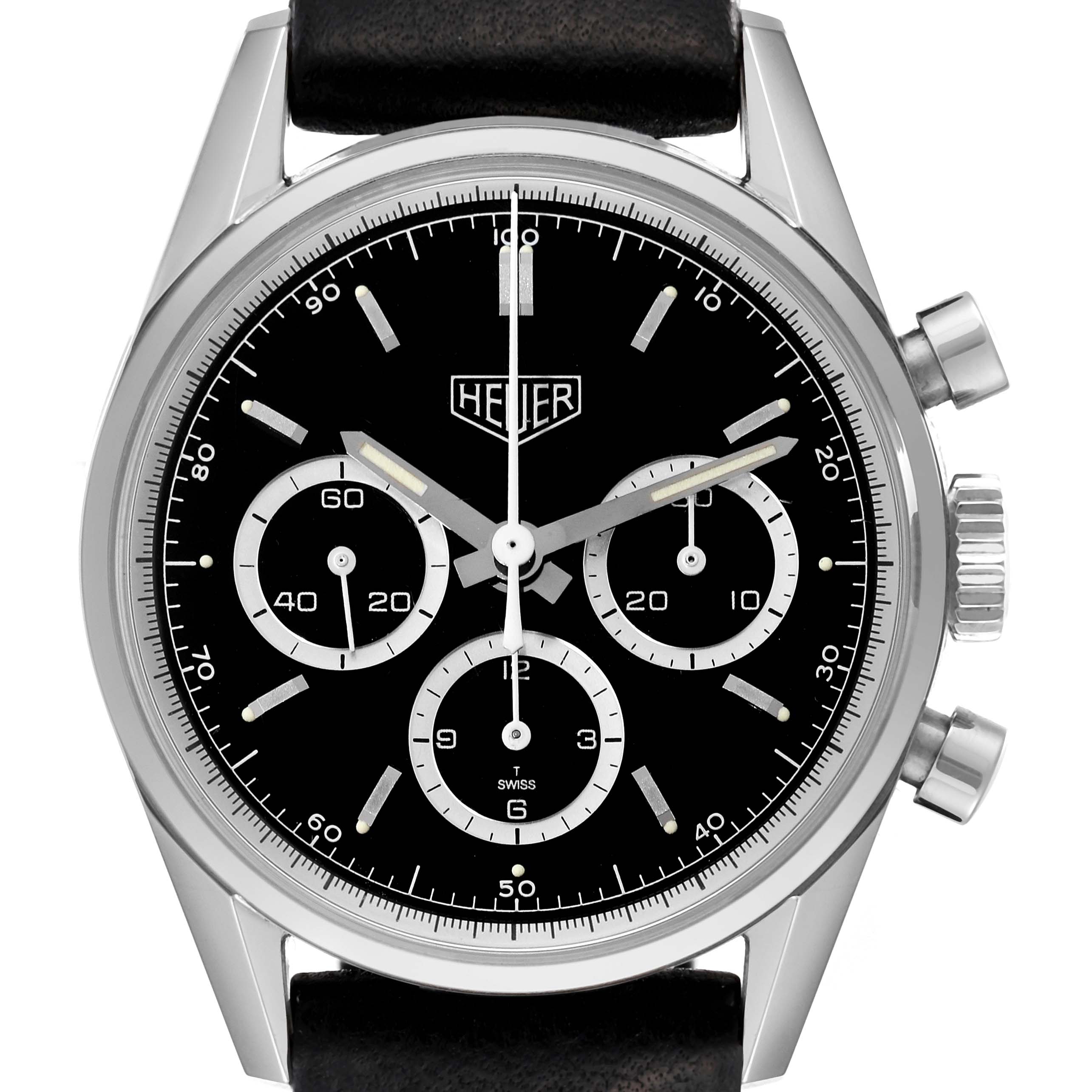The image shows a frontal view of the Tag Heuer Carrera CS3113 Men's Stainless Steel Black Dial CS3113 Men's Stainless Steel Black Dial watch, highlighting its dial, subdials, and push-buttons.