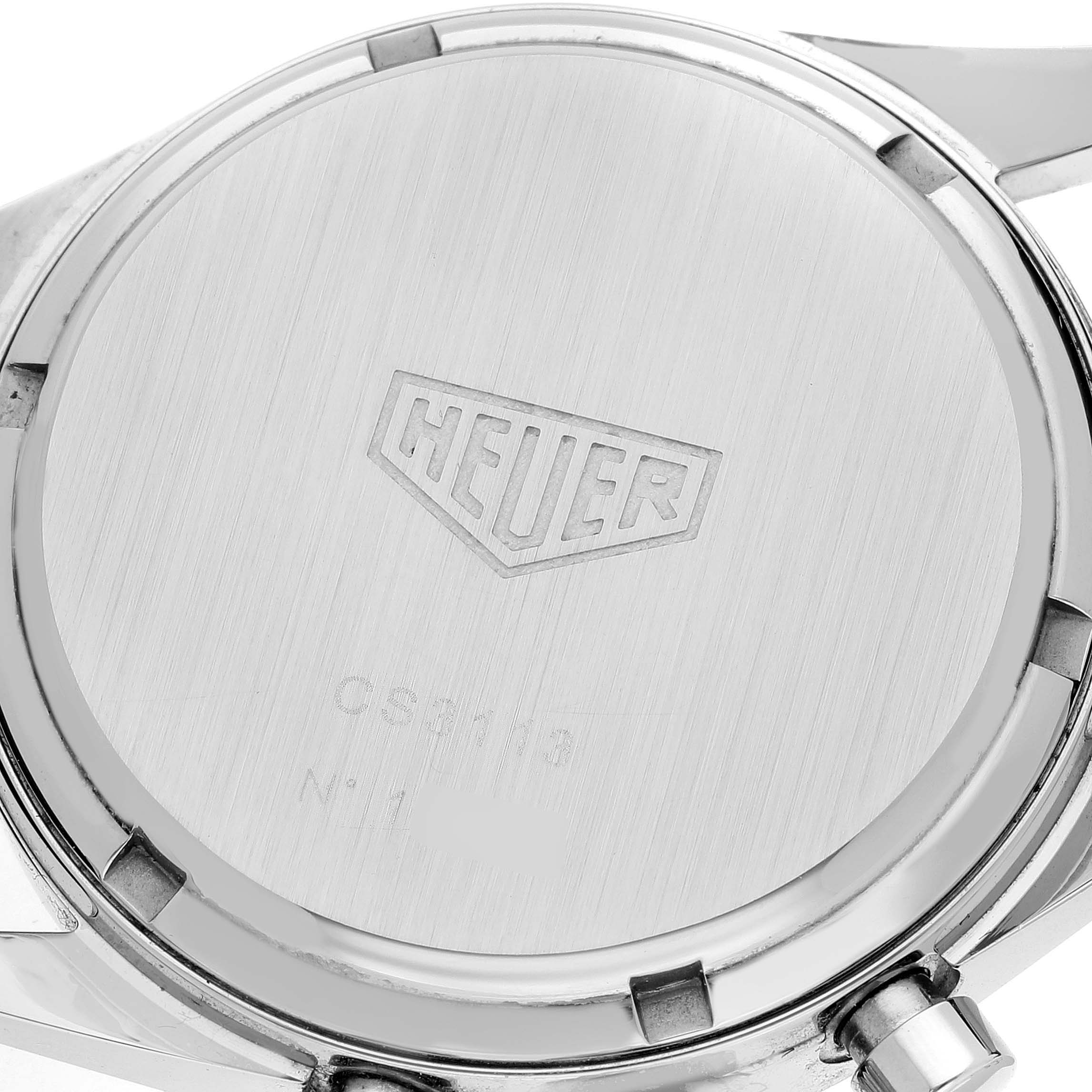 This is the back view of a Tag Heuer Carrera CS3113 Men's Stainless Steel Black Dial CS3113 Men's Stainless Steel Black Dial watch, highlighting its closed case back and engraved brand logo.