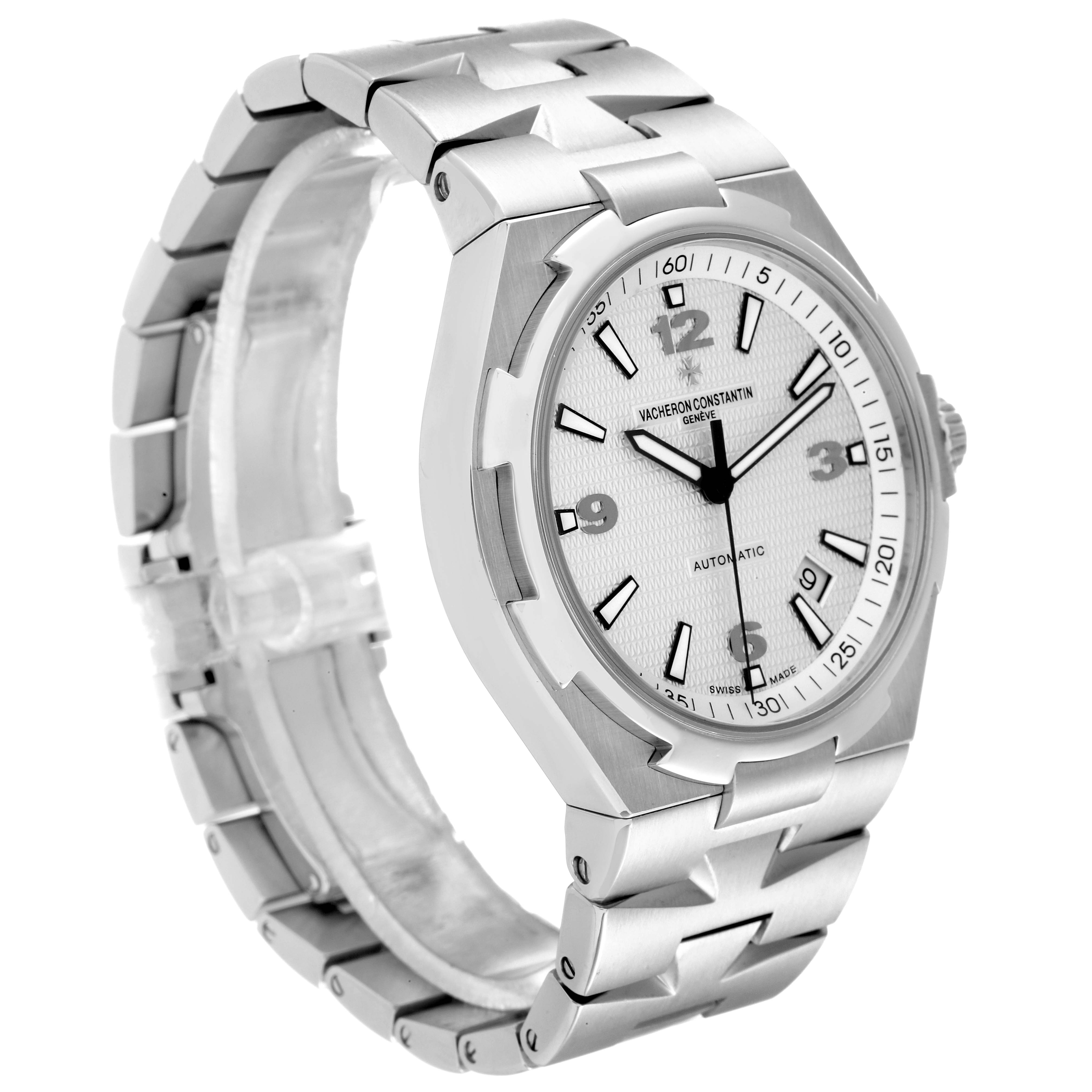 This image shows a Vacheron Constantin Overseas 47040B01A-9093 Men's Stainless Steel Silver Dial 47040B01A-9093 Men's Stainless Steel Silver Dial model watch from an angled side view, highlighting its dial and bracelet.