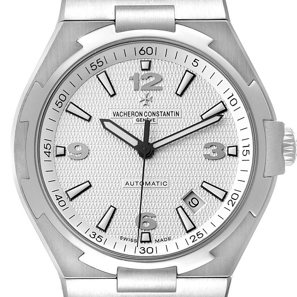 The image shows a front view of the Vacheron Constantin Overseas 47040B01A-9093 Men's Stainless Steel Silver Dial 47040B01A-9093 Men's Stainless Steel Silver Dial model, highlighting its dial, hands, bezel, and crown.