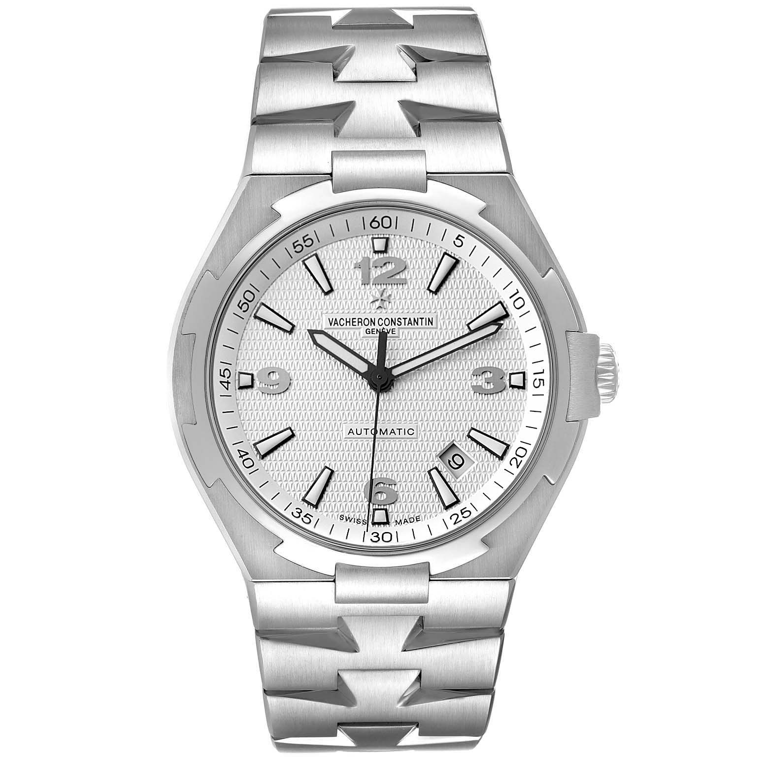 This Vacheron Constantin Overseas 47040B01A-9093 Men's Stainless Steel Silver Dial 47040B01A-9093 Men's Stainless Steel Silver Dial watch is shown from a front angle, displaying the dial, case, and bracelet.