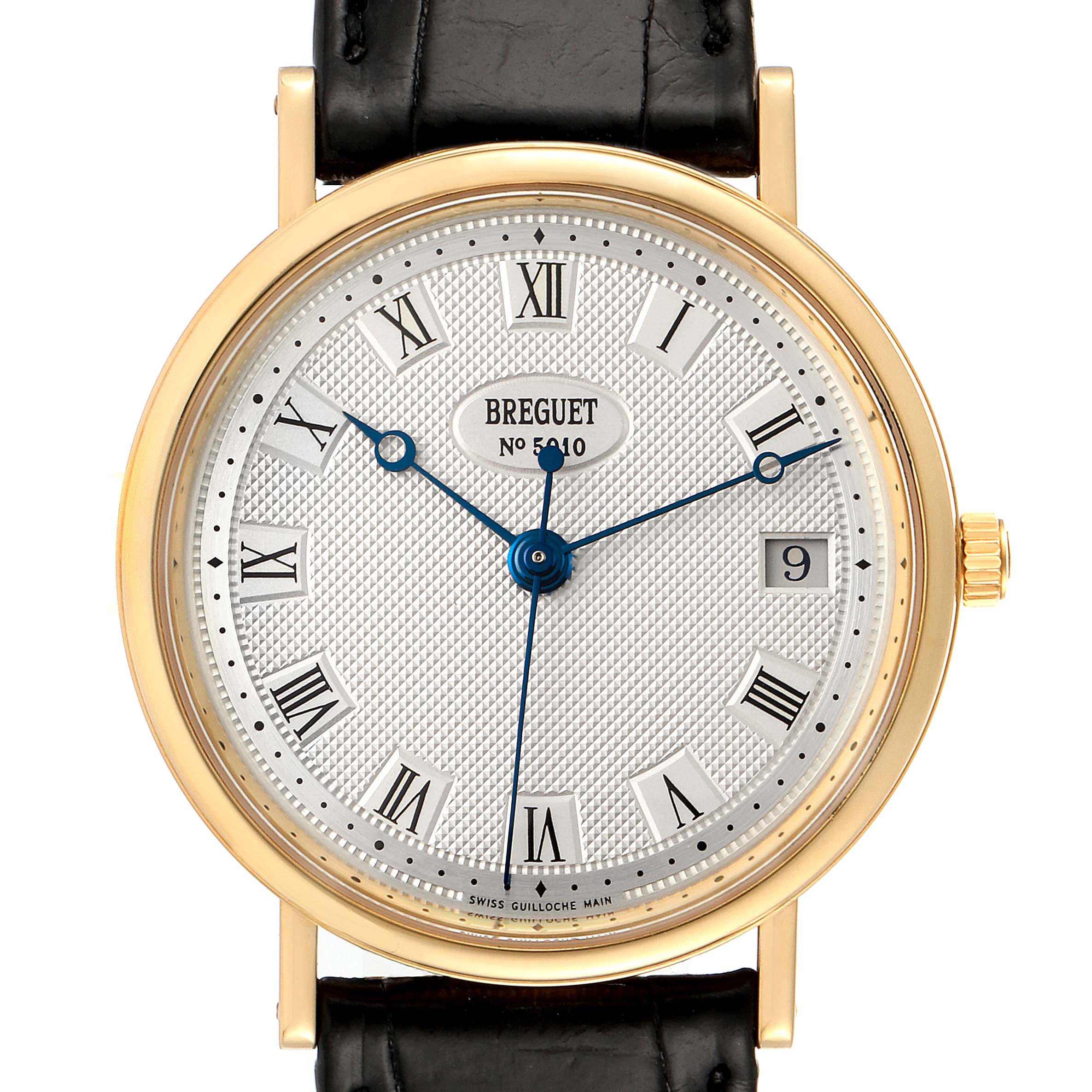 The image shows a frontal view of the Breguet Classique 3910 Men's Yellow Gold Silver Dial 3910 Men's Yellow Gold Silver Dial watch, highlighting its dial with Roman numerals and the date display.
