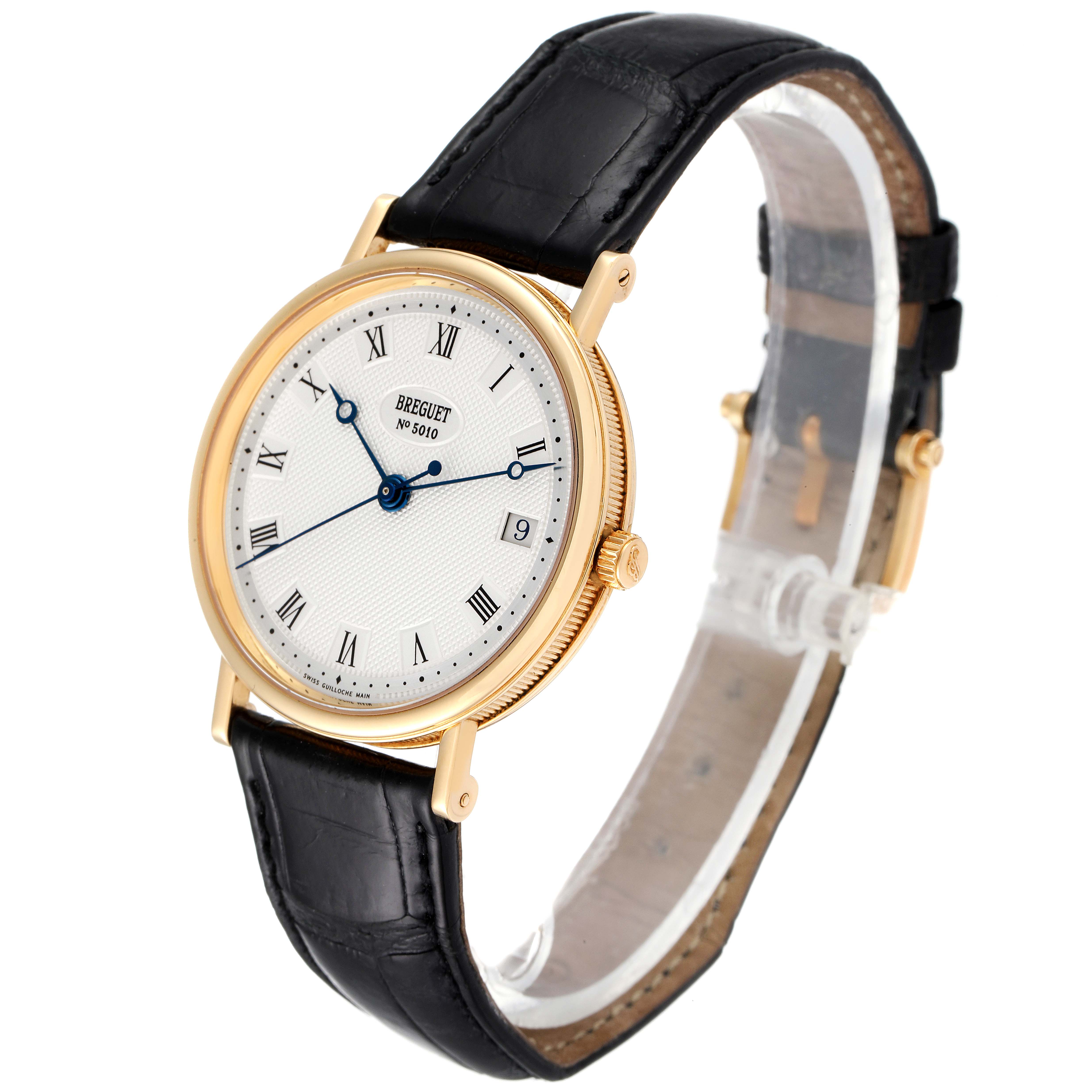 The image shows a Breguet Classique 3910 Men's Yellow Gold Silver Dial 3910 Men's Yellow Gold Silver Dial watch in a side angle displaying the face, strap, and crown.