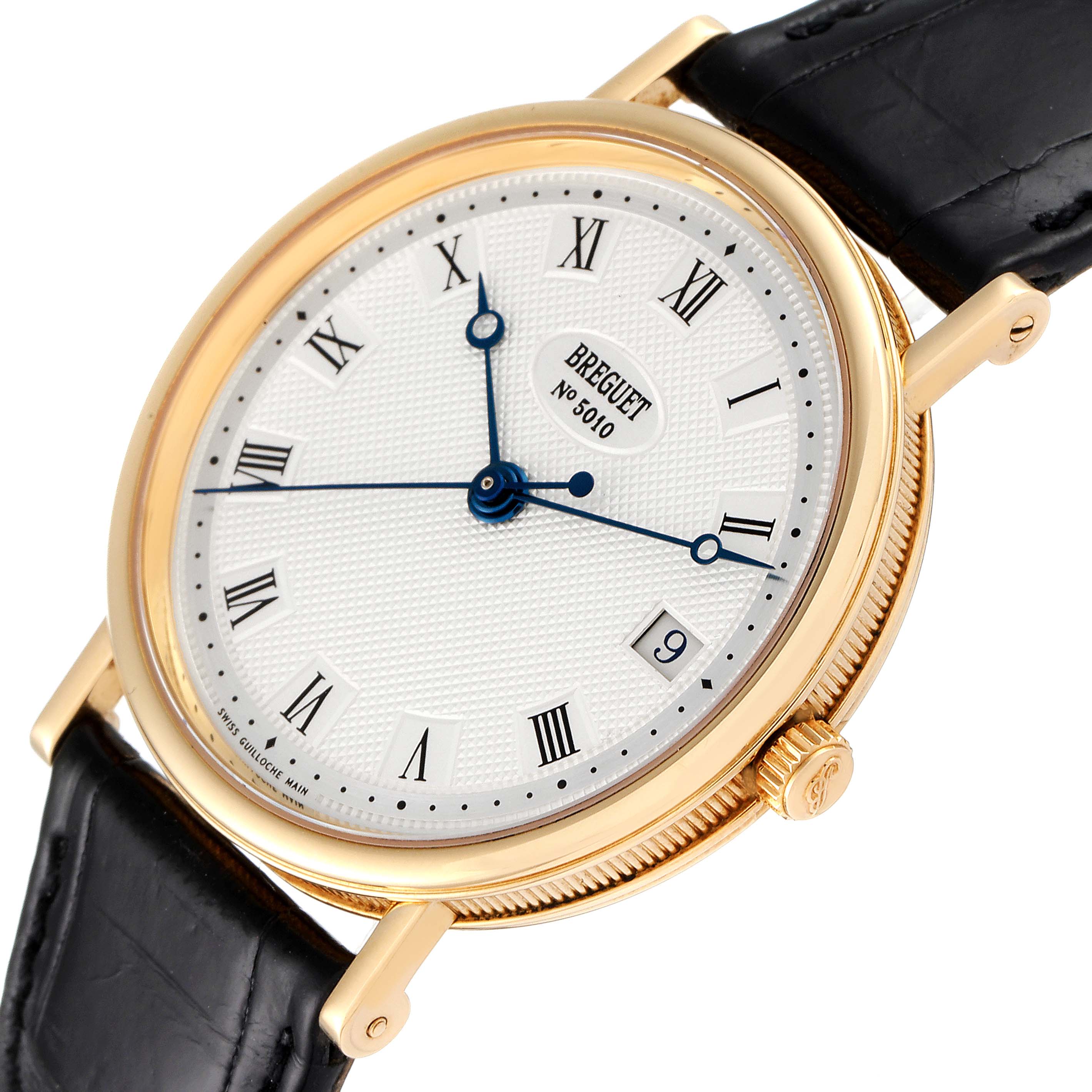 The Breguet Classique 3910 Men's Yellow Gold Silver Dial 3910 Men's Yellow Gold Silver Dial watch is shown at an angled close-up, highlighting the dial, hands, bezel, and part of the leather strap.