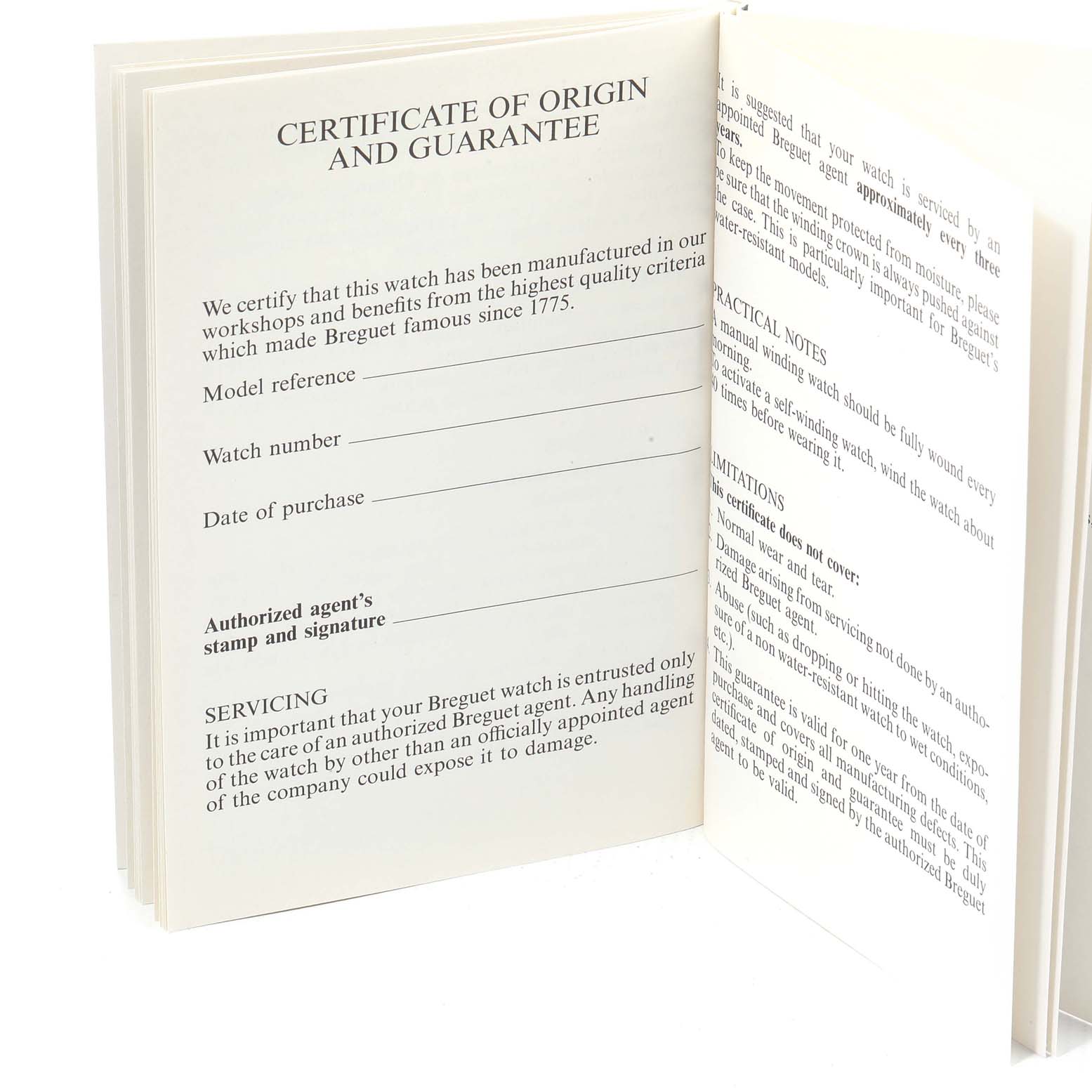 The image shows an open booklet containing the Certificate of Origin and Guarantee for a Breguet Classique 3910 Men's Yellow Gold Silver Dial 3910 Men's Yellow Gold Silver Dial watch.