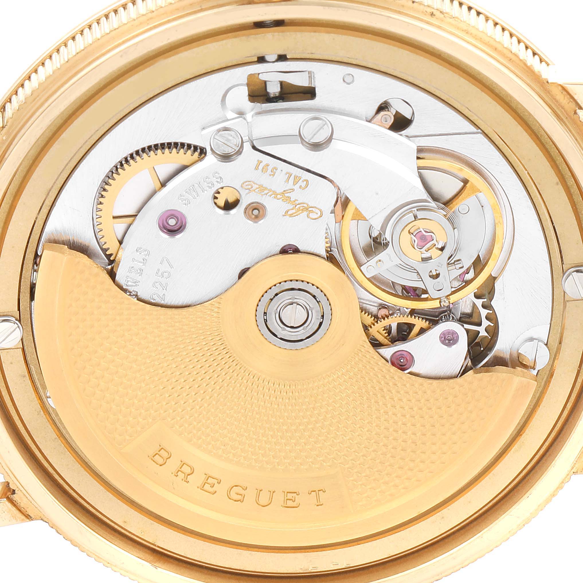 This image shows the movement and internal mechanism of the Breguet Classique 3910 Men's Yellow Gold Silver Dial 3910 Men's Yellow Gold Silver Dial model watch from the back.