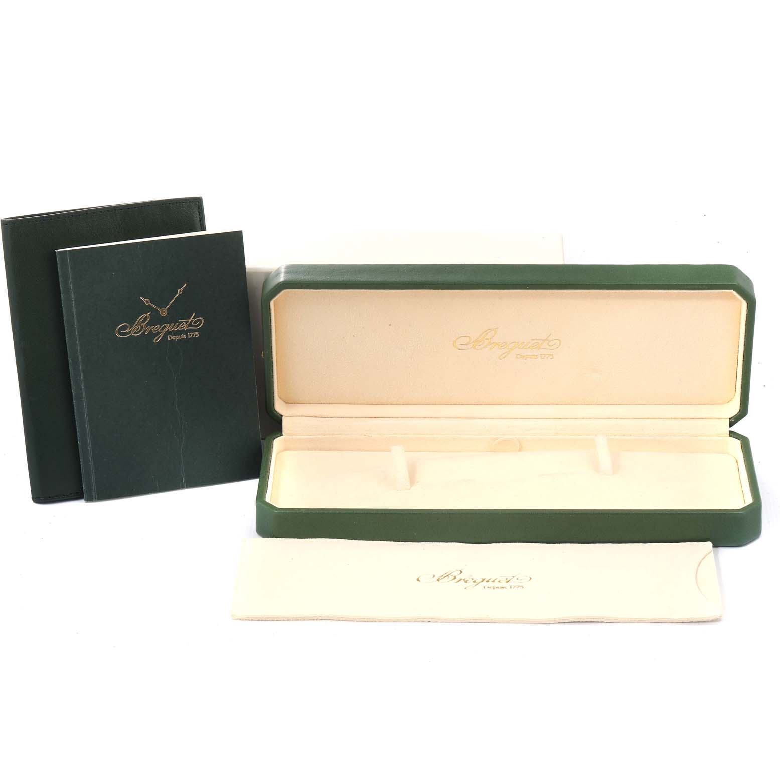 The image shows an empty Breguet Classique 3910 Men's Yellow Gold Silver Dial 3910 Men's Yellow Gold Silver Dial watch box, manuals, and a cleaning cloth from a frontal angle.