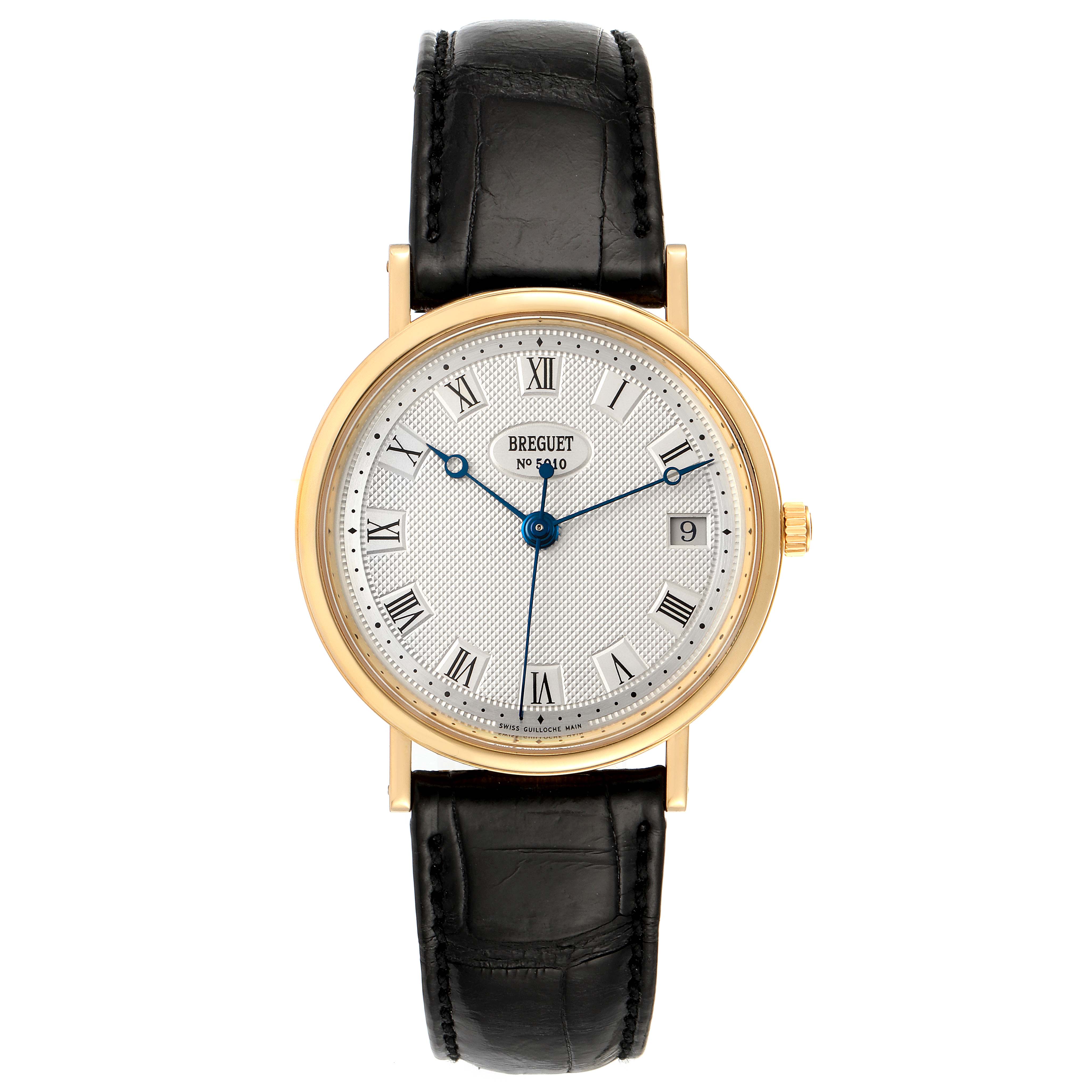 The Breguet Classique 3910 Men's Yellow Gold Silver Dial 3910 Men's Yellow Gold Silver Dial model is shown from the front, displaying its gold case, white dial with Roman numerals, and black leather strap.