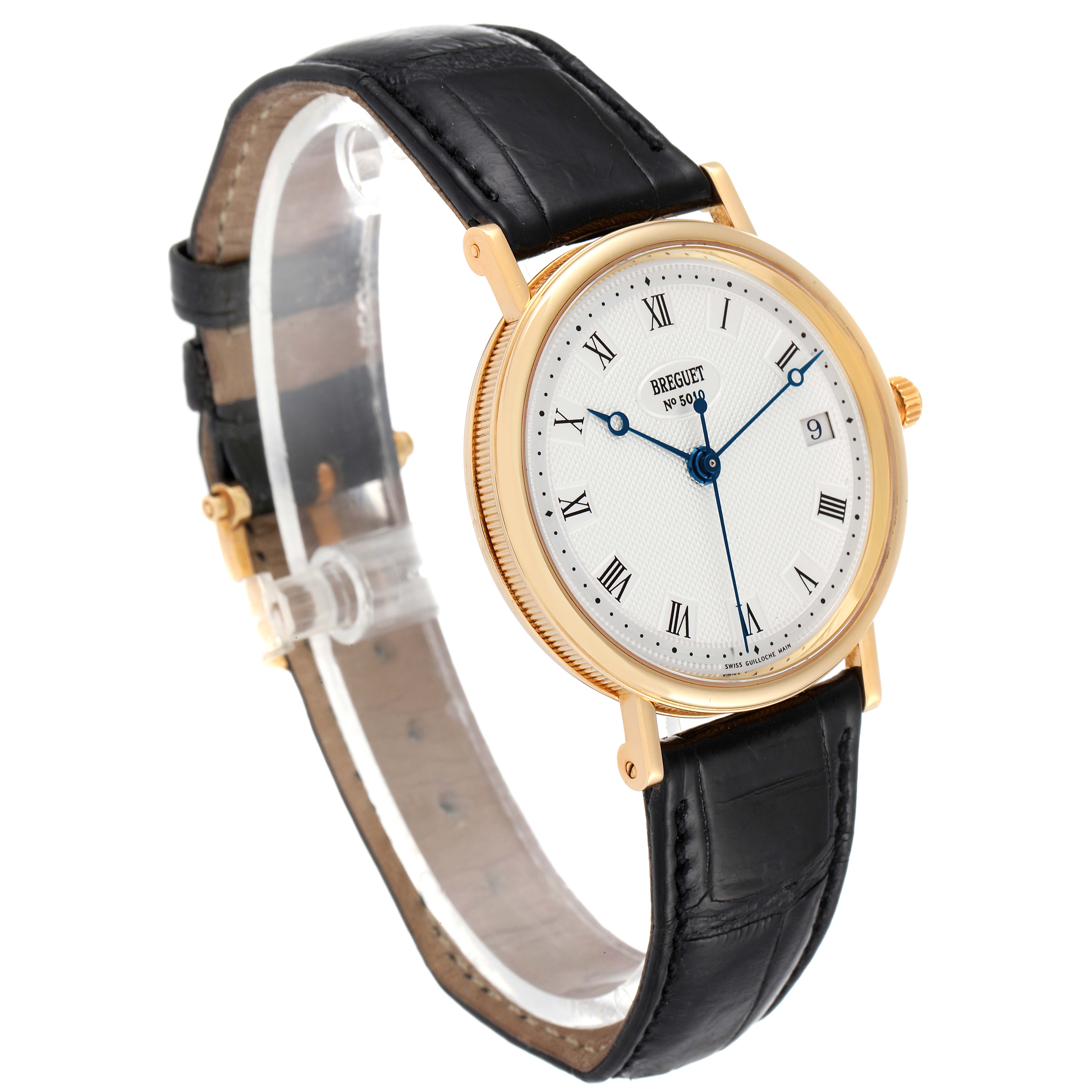 The Breguet Classique 3910 Men's Yellow Gold Silver Dial 3910 Men's Yellow Gold Silver Dial watch is shown at a slight angle, highlighting the face, gold case, black leather strap, and Roman numerals.