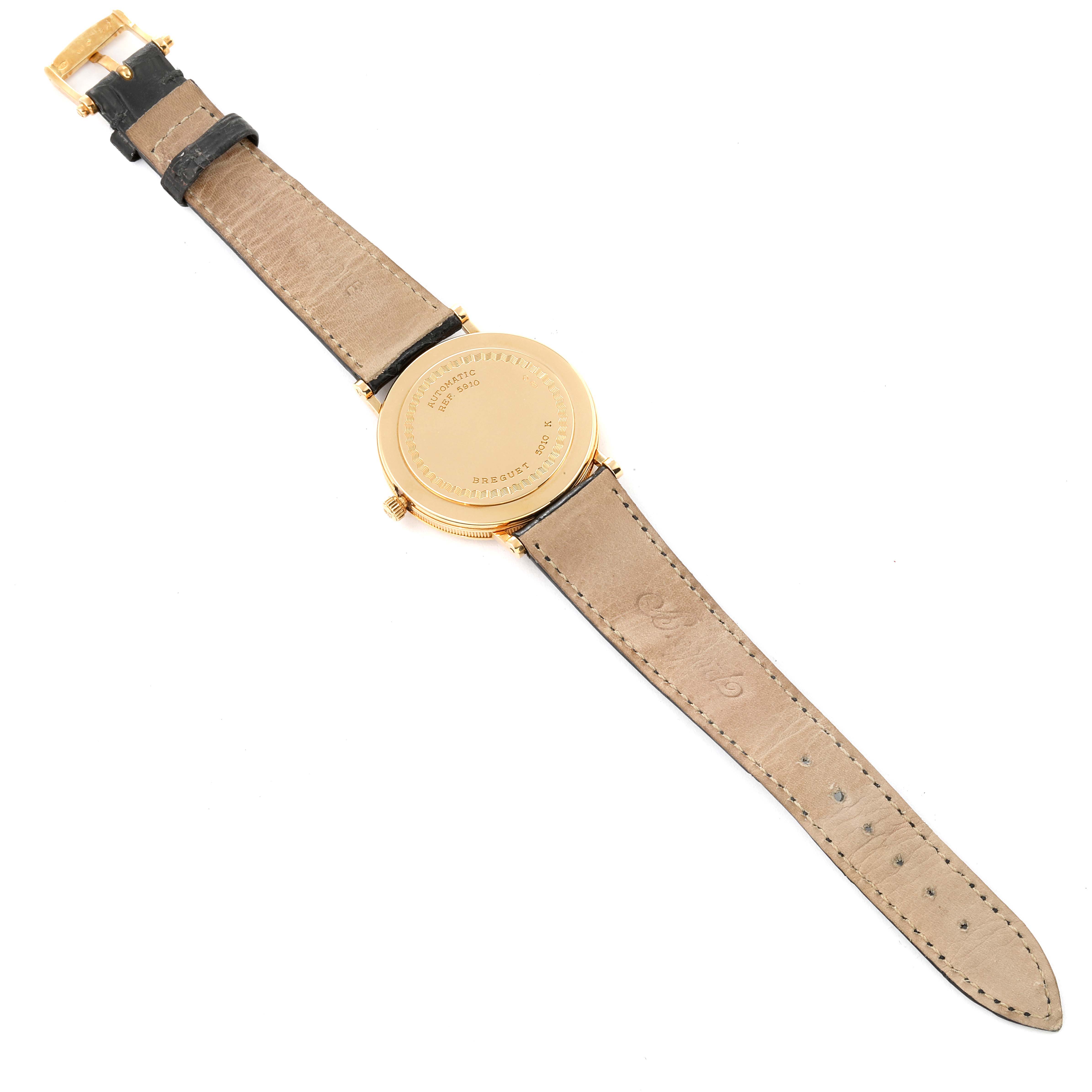 This image shows the back of the Breguet Classique 3910 Men's Yellow Gold Silver Dial 3910 Men's Yellow Gold Silver Dial watch, including its strap and buckle.