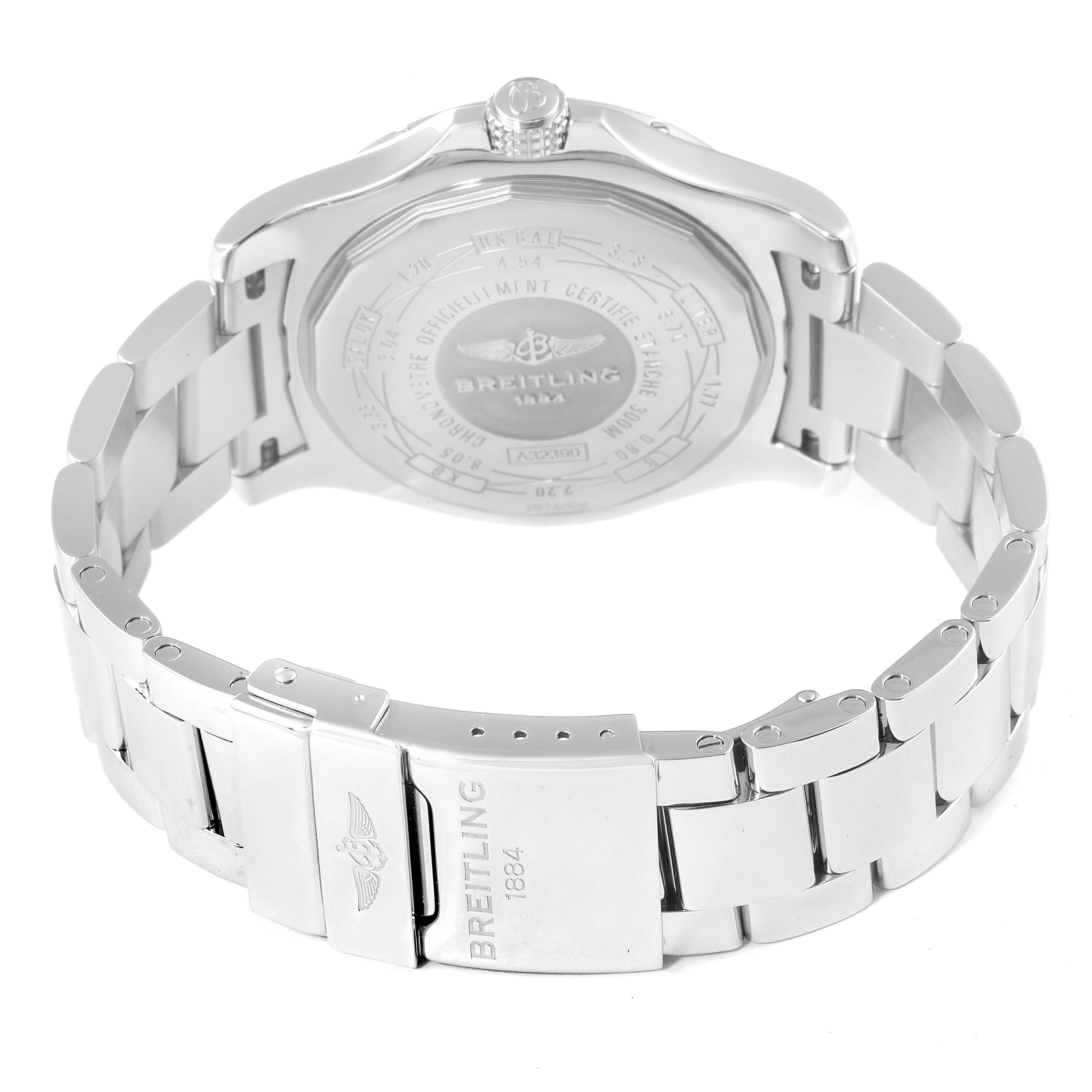 This image shows the back case and bracelet of a Breitling Avenger A3239011-C872-170A Men's Stainless Steel Mother of Pearl Dial A3239011-C872-170A Men's Stainless Steel Mother of Pearl Dial watch from a rear angle.