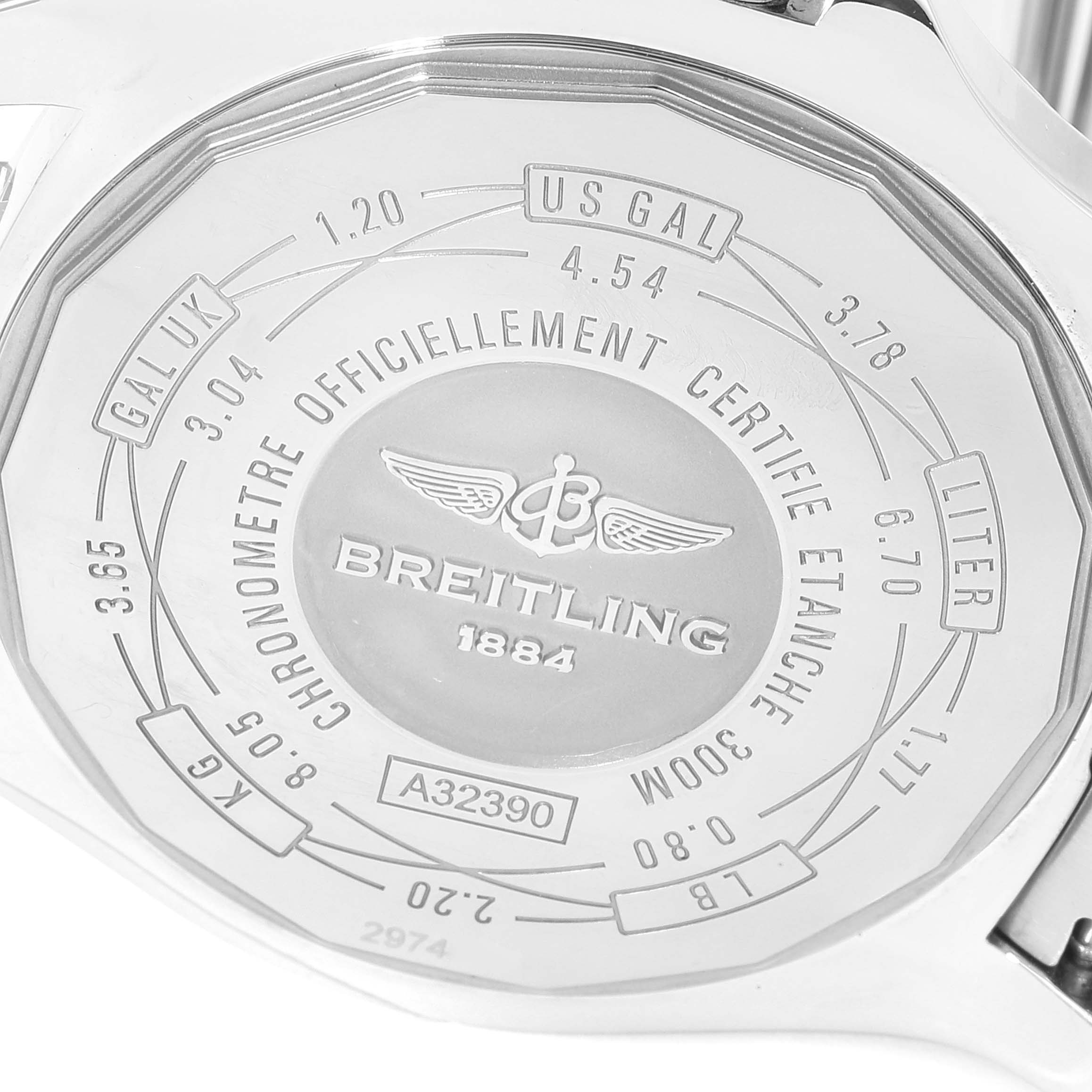 The image shows the back case of the Breitling Avenger A3239011-C872-170A Men's Stainless Steel Mother of Pearl Dial A3239011-C872-170A Men's Stainless Steel Mother of Pearl Dial watch, highlighting its engravings and specifications.