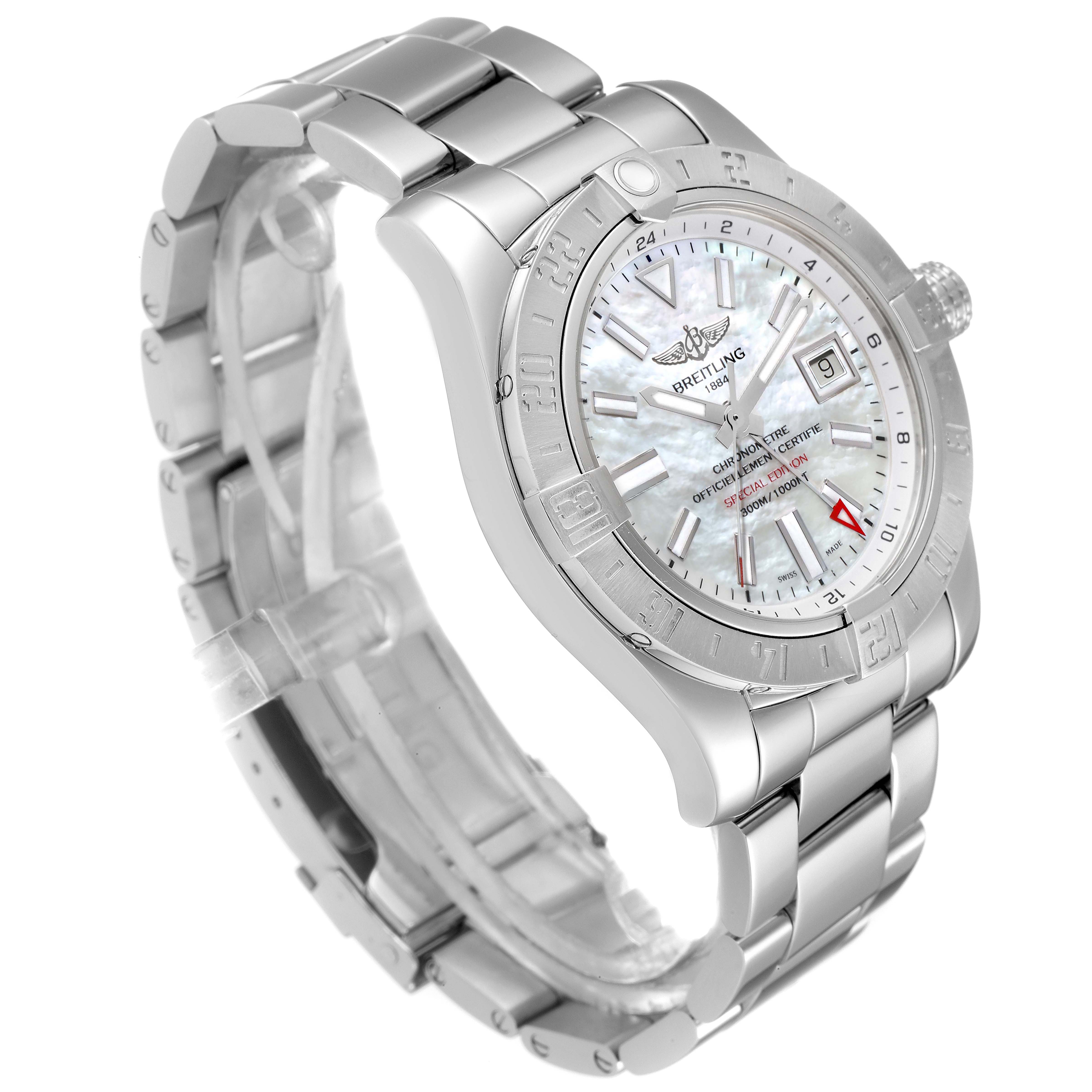 This image shows the front and side view of a Breitling Avenger A3239011-C872-170A Men's Stainless Steel Mother of Pearl Dial A3239011-C872-170A Men's Stainless Steel Mother of Pearl Dial watch, highlighting its metal band and face details.