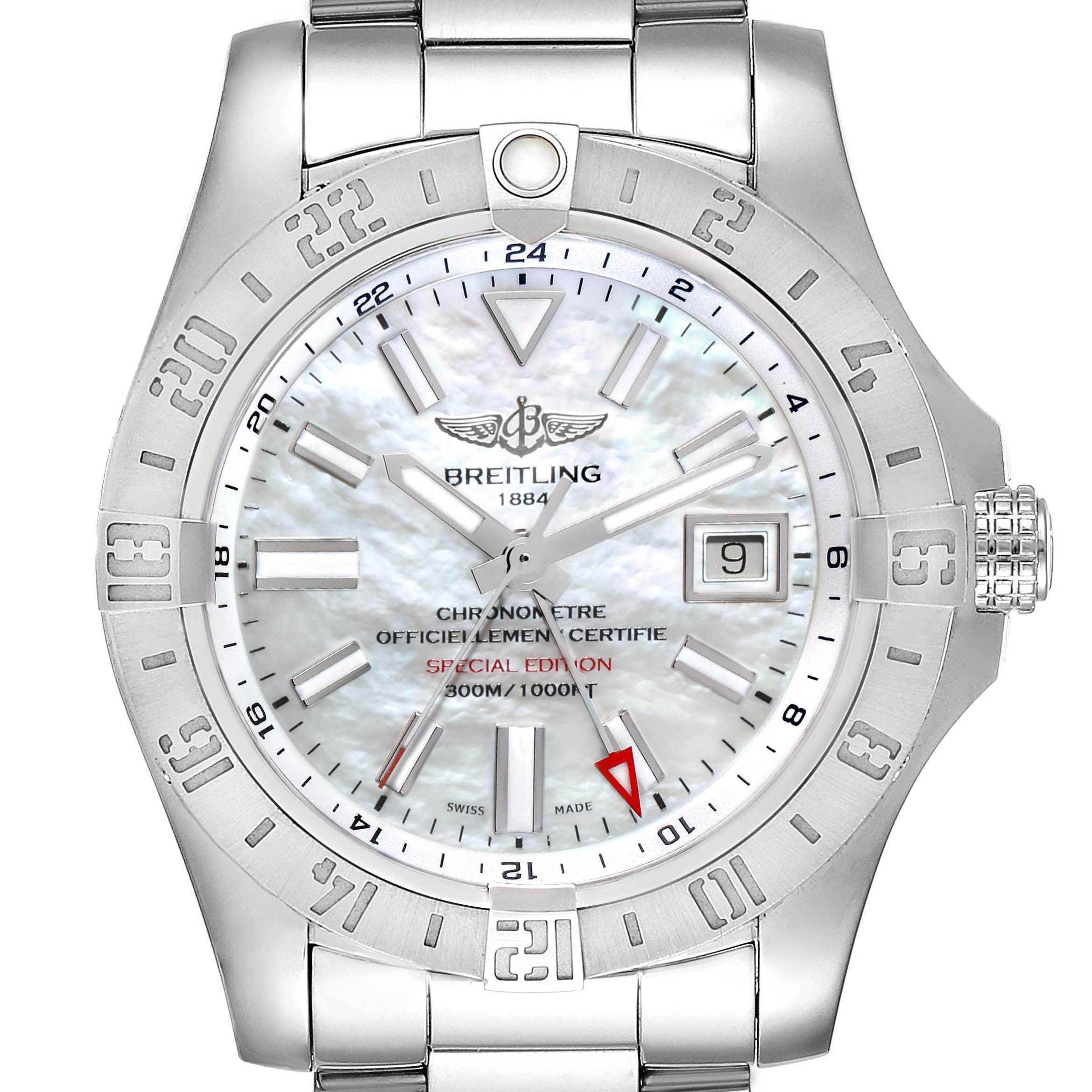 The image shows a front view of a Breitling Avenger A3239011-C872-170A Men's Stainless Steel Mother of Pearl Dial A3239011-C872-170A Men's Stainless Steel Mother of Pearl Dial watch, highlighting its dial, bezel, bracelet, and crown.