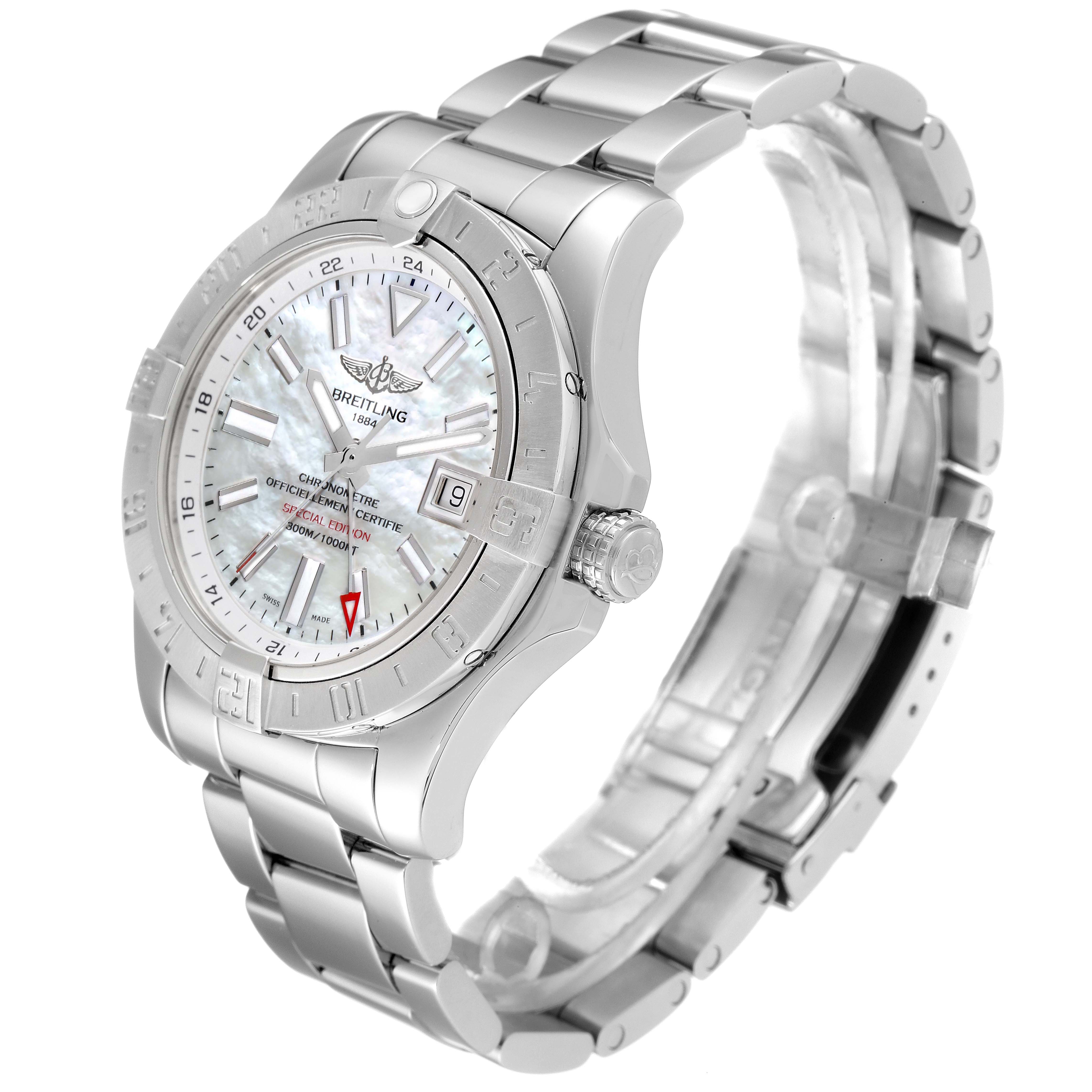 The image shows a side angle of a Breitling Avenger A3239011-C872-170A Men's Stainless Steel Mother of Pearl Dial A3239011-C872-170A Men's Stainless Steel Mother of Pearl Dial watch, highlighting its dial, bezel, crown, and bracelet.
