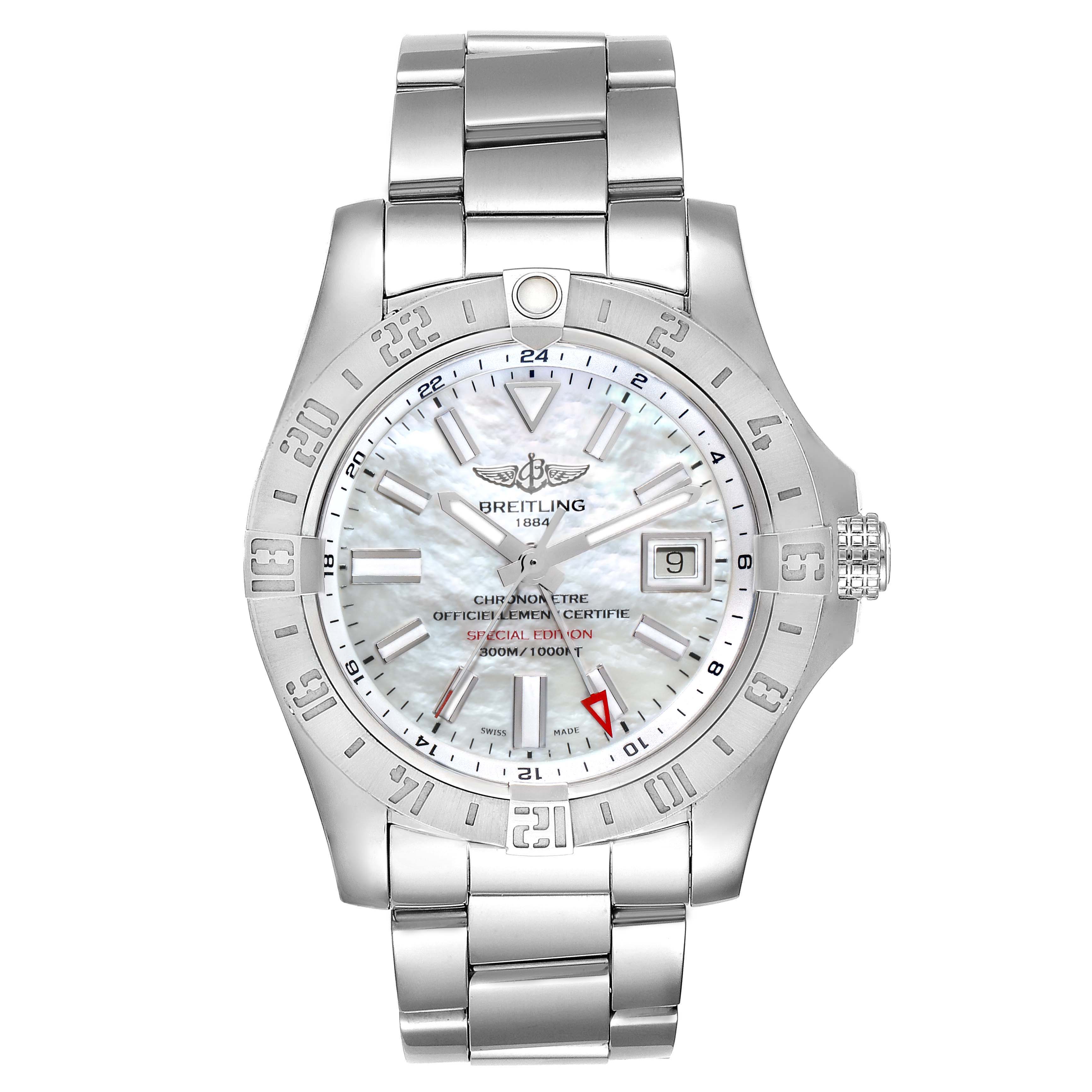 The Breitling Avenger A3239011-C872-170A Men's Stainless Steel Mother of Pearl Dial A3239011-C872-170A Men's Stainless Steel Mother of Pearl Dial model watch is shown from a front angle, displaying the dial, bezel, bracelet, and crown.