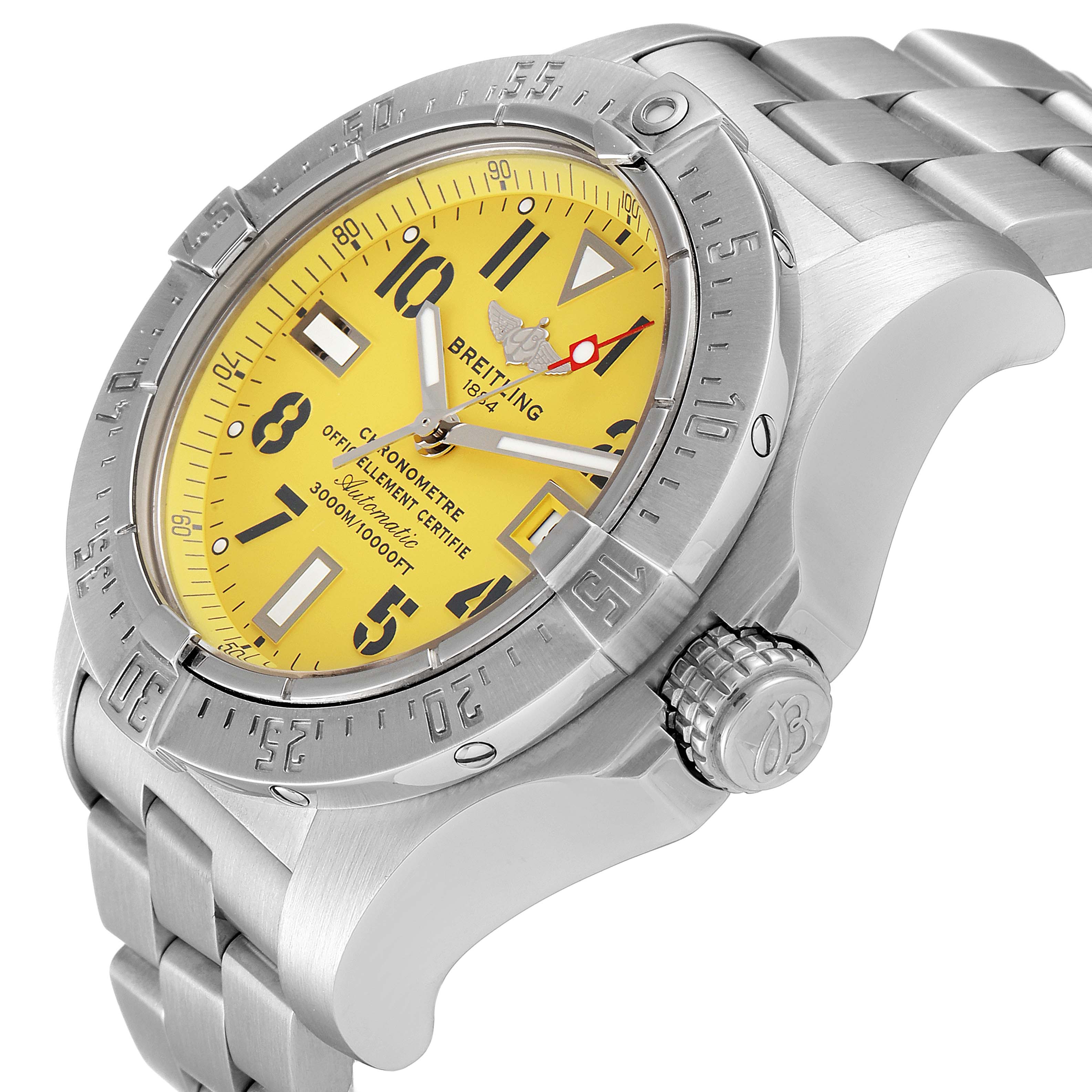 This image shows a side angle of the Breitling Avenger A17330 Men's Stainless Steel Yellow Dial A17330 Men's Stainless Steel Yellow Dial watch, highlighting the yellow dial, bezel, crown, and part of the metal bracelet.