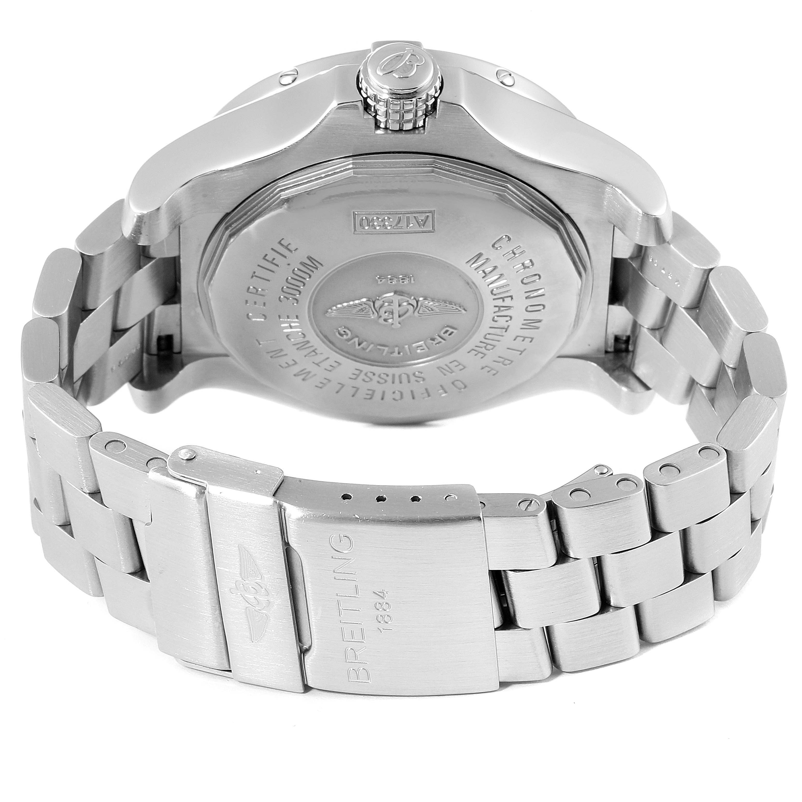 The image shows the back and clasp of a Breitling Avenger A17330 Men's Stainless Steel Yellow Dial A17330 Men's Stainless Steel Yellow Dial watch, highlighting its case back and metal bracelet.