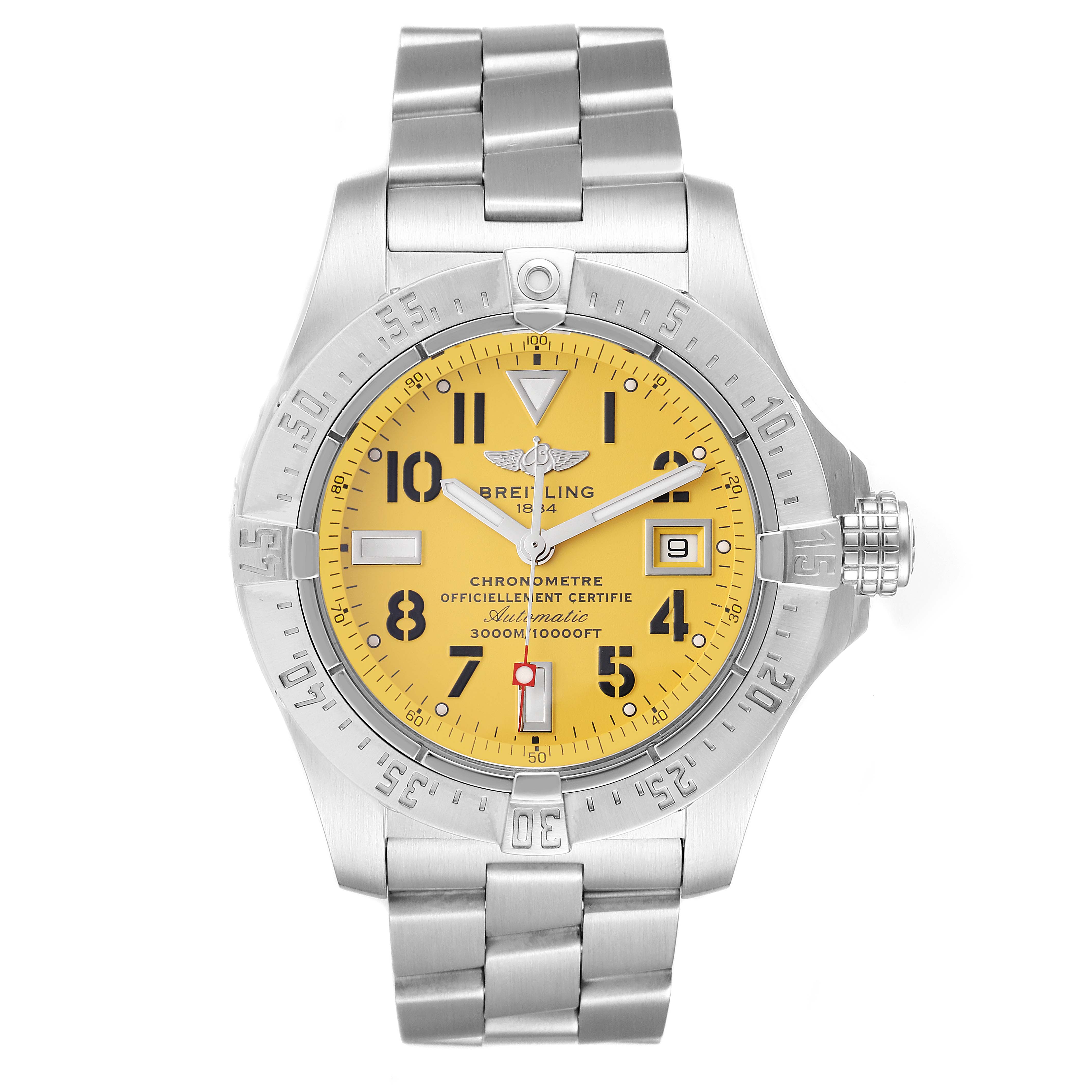This image shows a front view of the Breitling Avenger A17330 Men's Stainless Steel Yellow Dial A17330 Men's Stainless Steel Yellow Dial watch, highlighting its yellow dial, bezel, and metal bracelet.