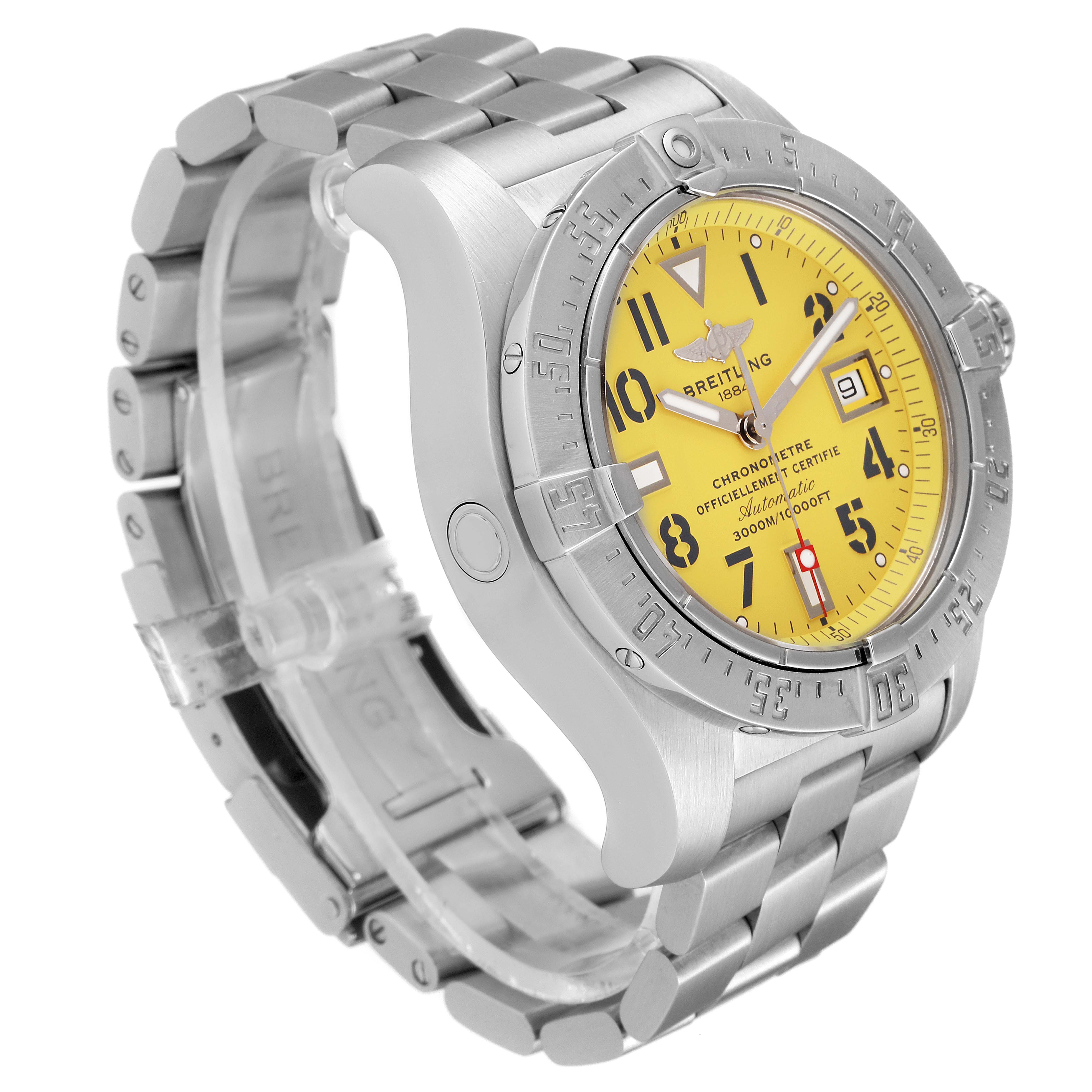The image shows a Breitling Avenger A17330 Men's Stainless Steel Yellow Dial A17330 Men's Stainless Steel Yellow Dial watch angled from the front-left, highlighting its yellow dial, bezel, and metallic bracelet.