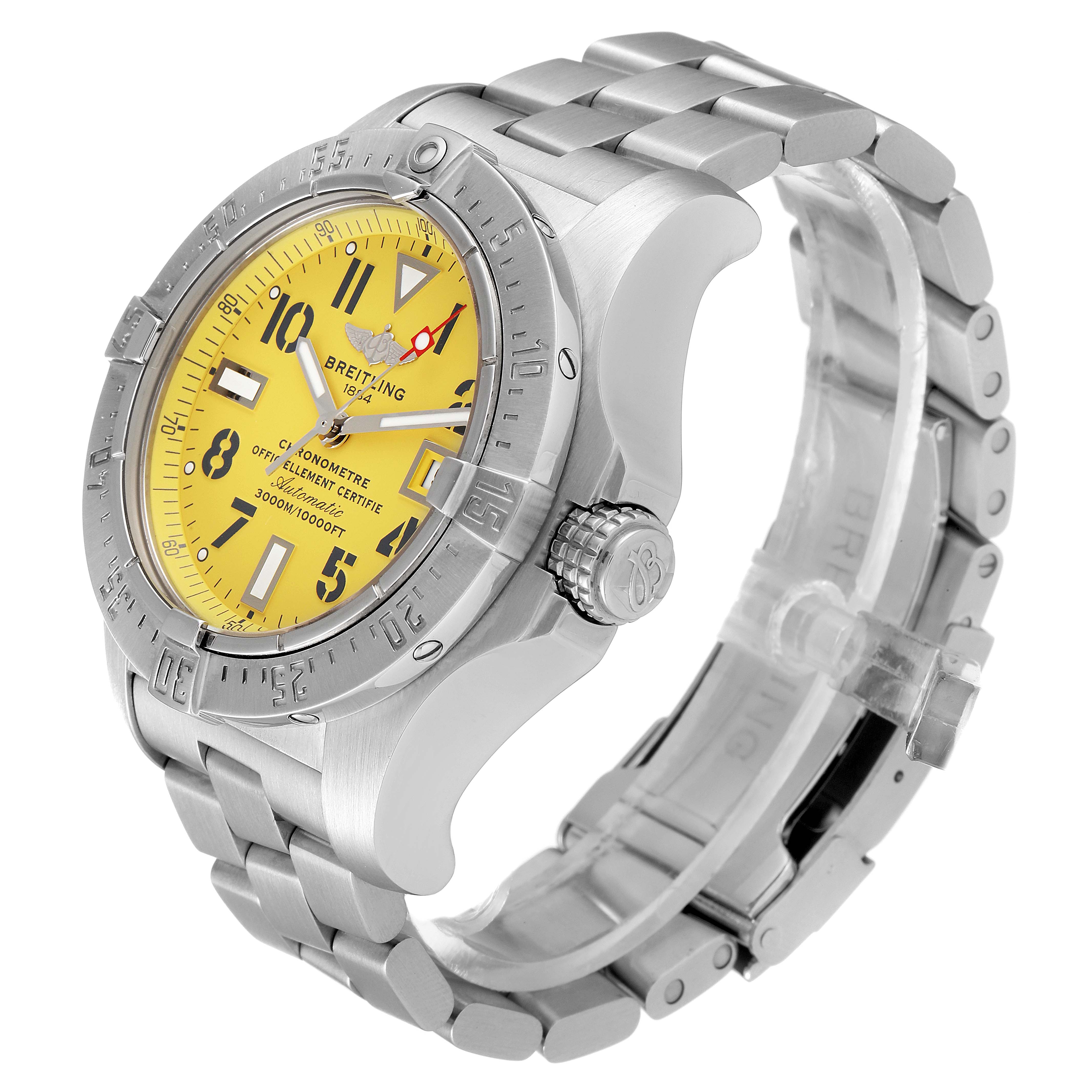 This image shows a side and angled view of a Breitling Avenger A17330 Men's Stainless Steel Yellow Dial A17330 Men's Stainless Steel Yellow Dial watch, highlighting the face, bezel, and metal bracelet.