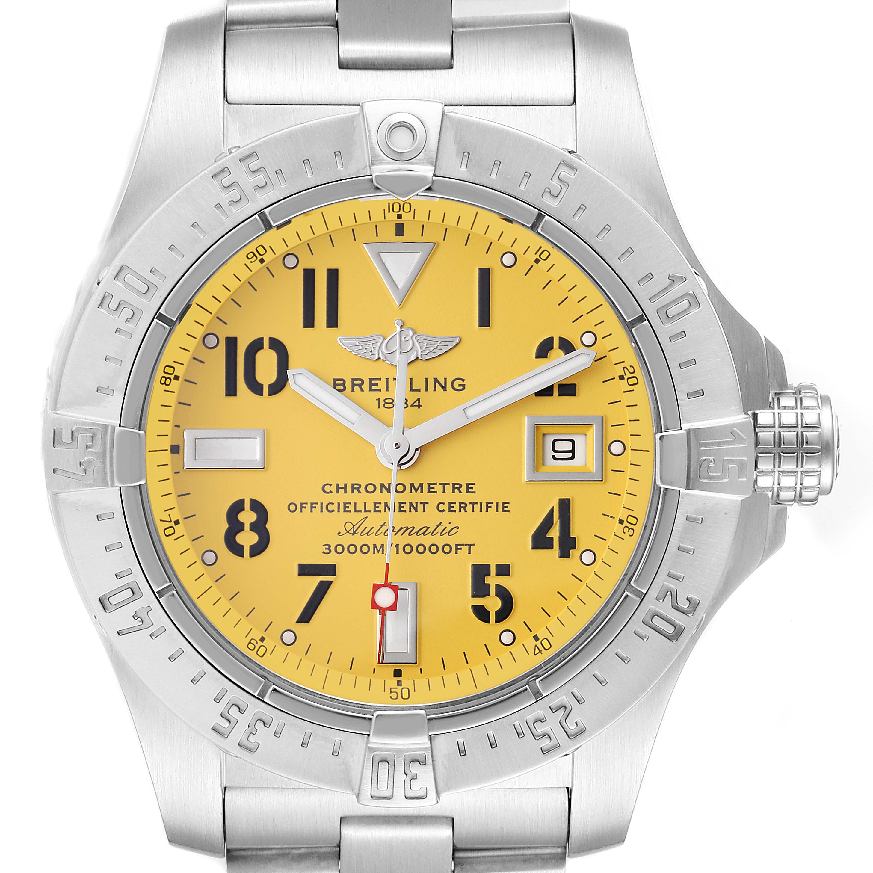 The image shows a front view of a Breitling Avenger A17330 Men's Stainless Steel Yellow Dial A17330 Men's Stainless Steel Yellow Dial watch with a yellow dial and stainless steel bracelet.