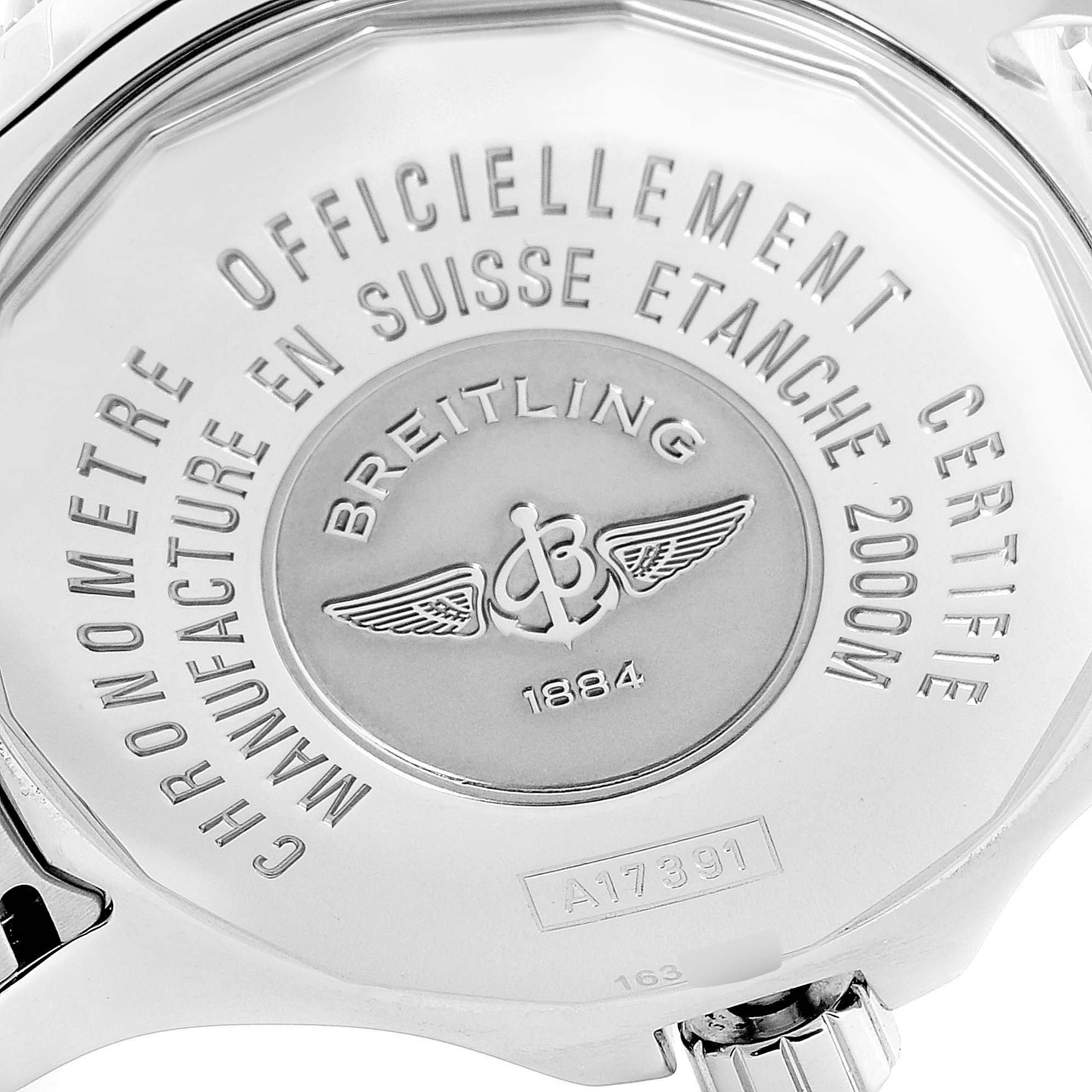 This image shows the back case and part of the crown of a Breitling Superocean A17391 Men
s Stainless Steel Black Dial A17391 Men
s Stainless Steel Black Dial watch.