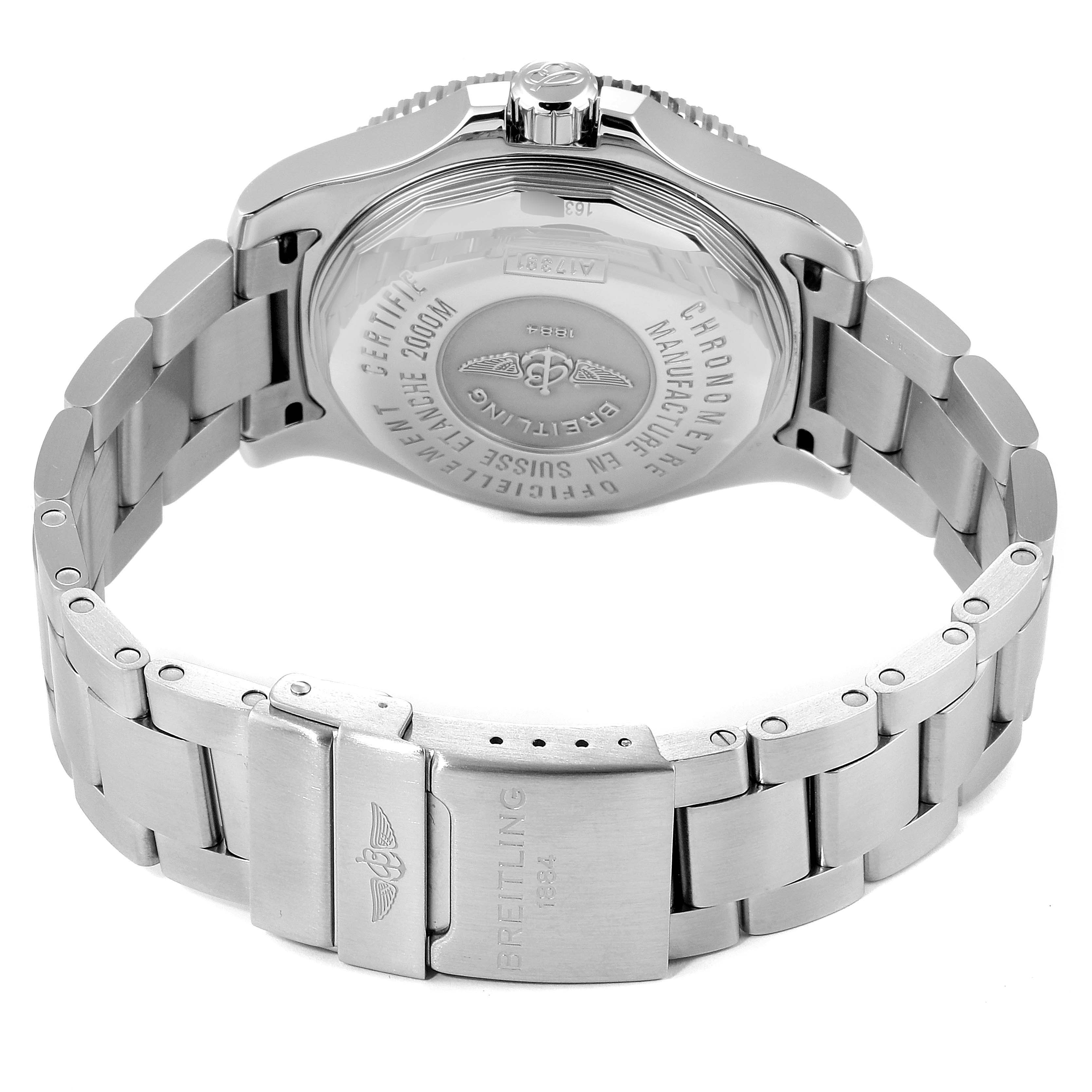 The image shows the back and clasp of the Breitling Superocean A17391 Men
s Stainless Steel Black Dial A17391 Men
s Stainless Steel Black Dial watch, highlighting its stainless steel bracelet and engravings.