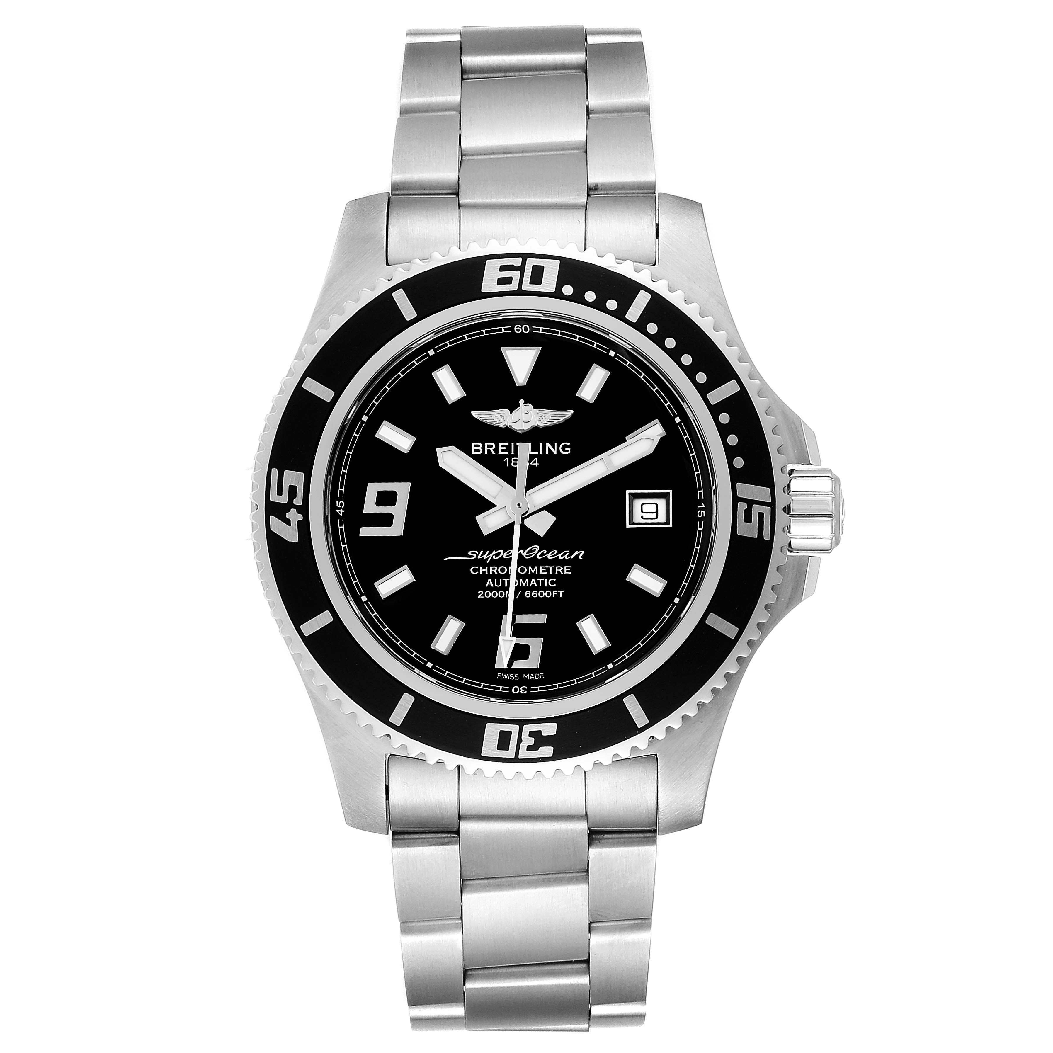 The image shows a front view of a Breitling Superocean A17391 Men
s Stainless Steel Black Dial A17391 Men
s Stainless Steel Black Dial watch displaying its dial, bezel, crown, and metal bracelet.