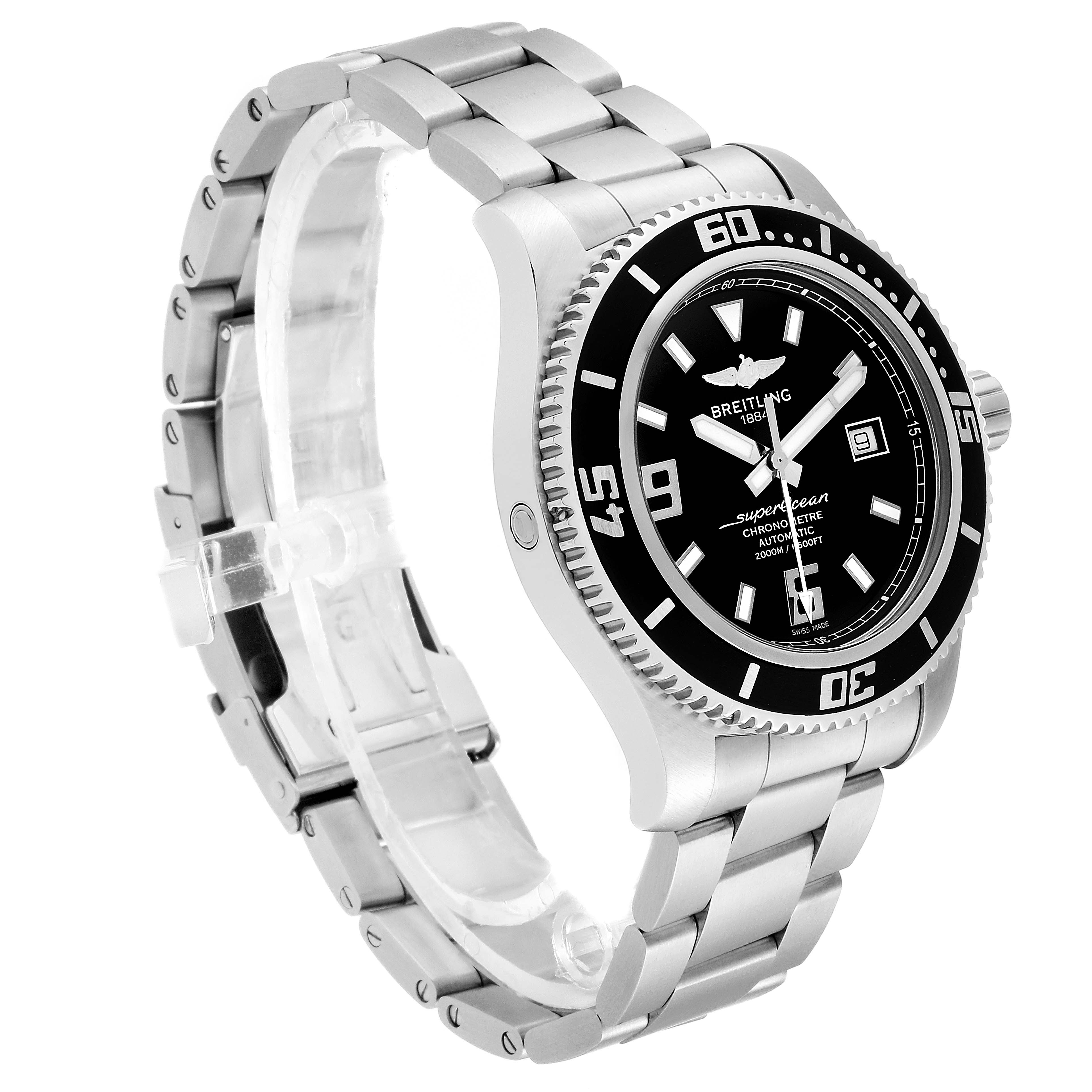 The image shows a Breitling Superocean A17391 Men
s Stainless Steel Black Dial A17391 Men
s Stainless Steel Black Dial watch from a three-quarter angle, highlighting its black dial, bezel, and silver bracelet.