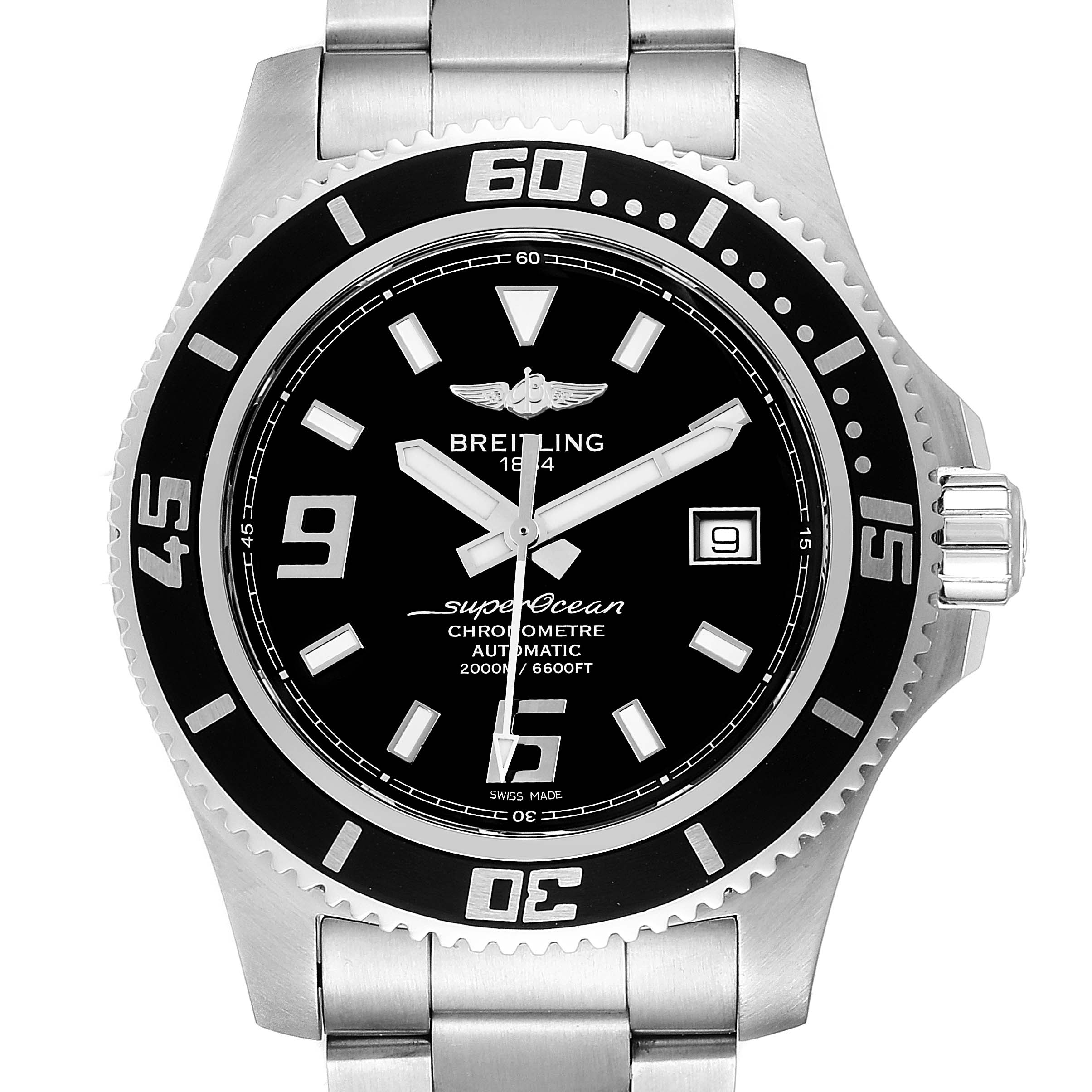 The Breitling Superocean A17391 Men
s Stainless Steel Black Dial A17391 Men
s Stainless Steel Black Dial watch is shown from a front angle, displaying the dial, bezel, and part of the bracelet.