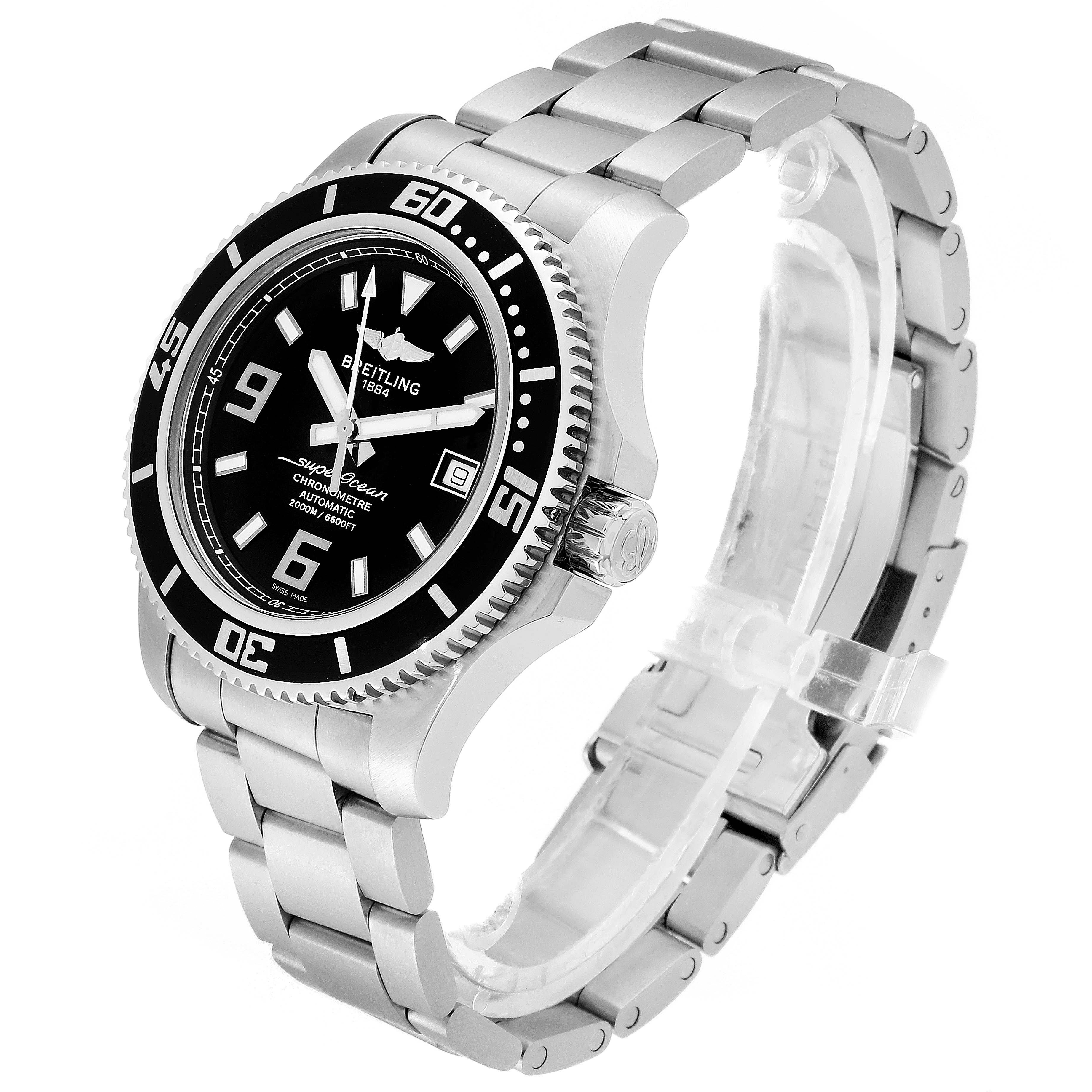 The image shows a Breitling Superocean A17391 Men
s Stainless Steel Black Dial A17391 Men
s Stainless Steel Black Dial watch at an angle displaying the face, bezel, crown, and stainless steel bracelet.