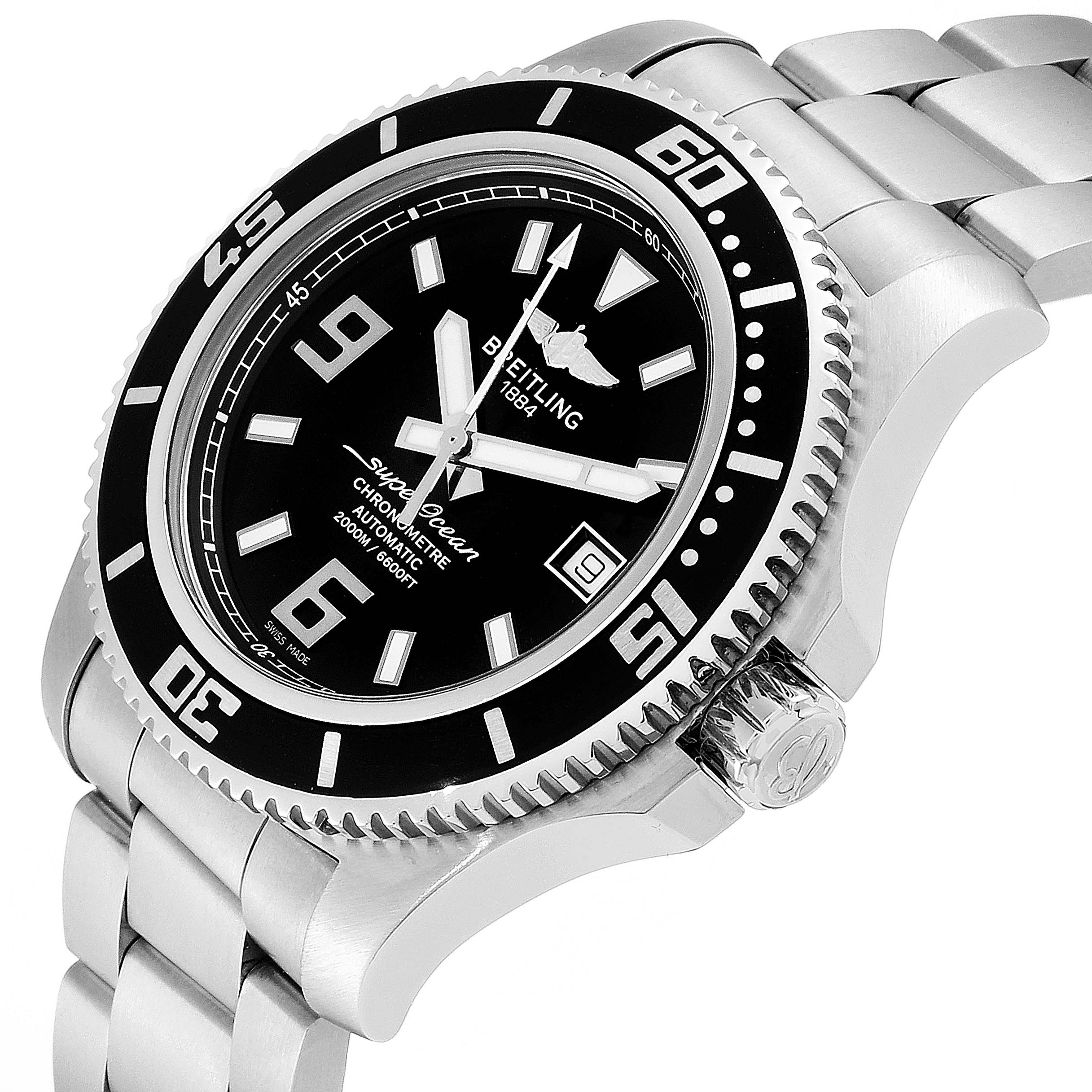 This image shows a Breitling Superocean A17391 Men
s Stainless Steel Black Dial A17391 Men
s Stainless Steel Black Dial watch from a slightly tilted angle, highlighting the face, bezel, crown, and part of the bracelet.