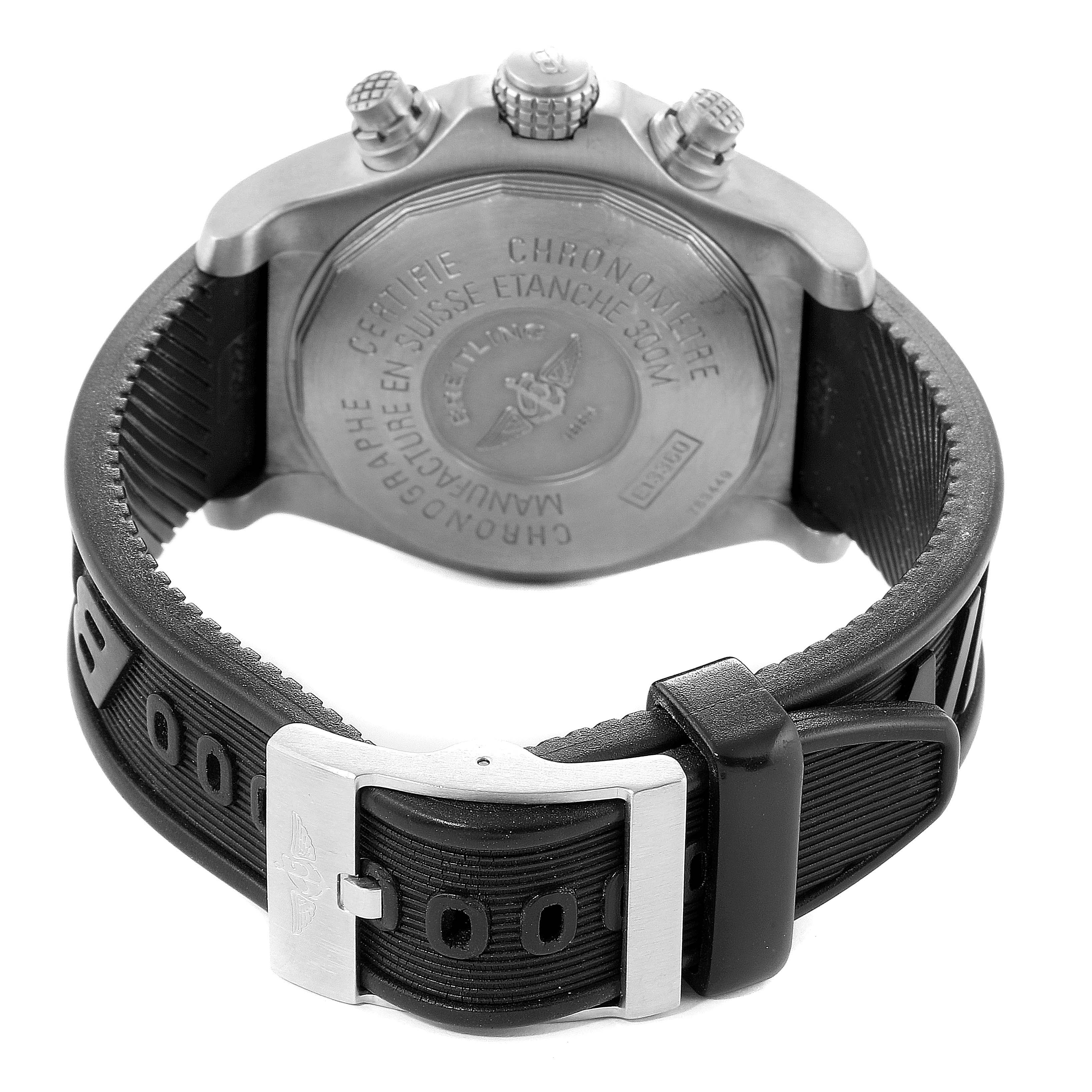 The image shows the back view of a Breitling Avenger E13360 Men's Titanium Black Dial E13360 Men's Titanium Black Dial watch, featuring its case back, strap, and clasp.
