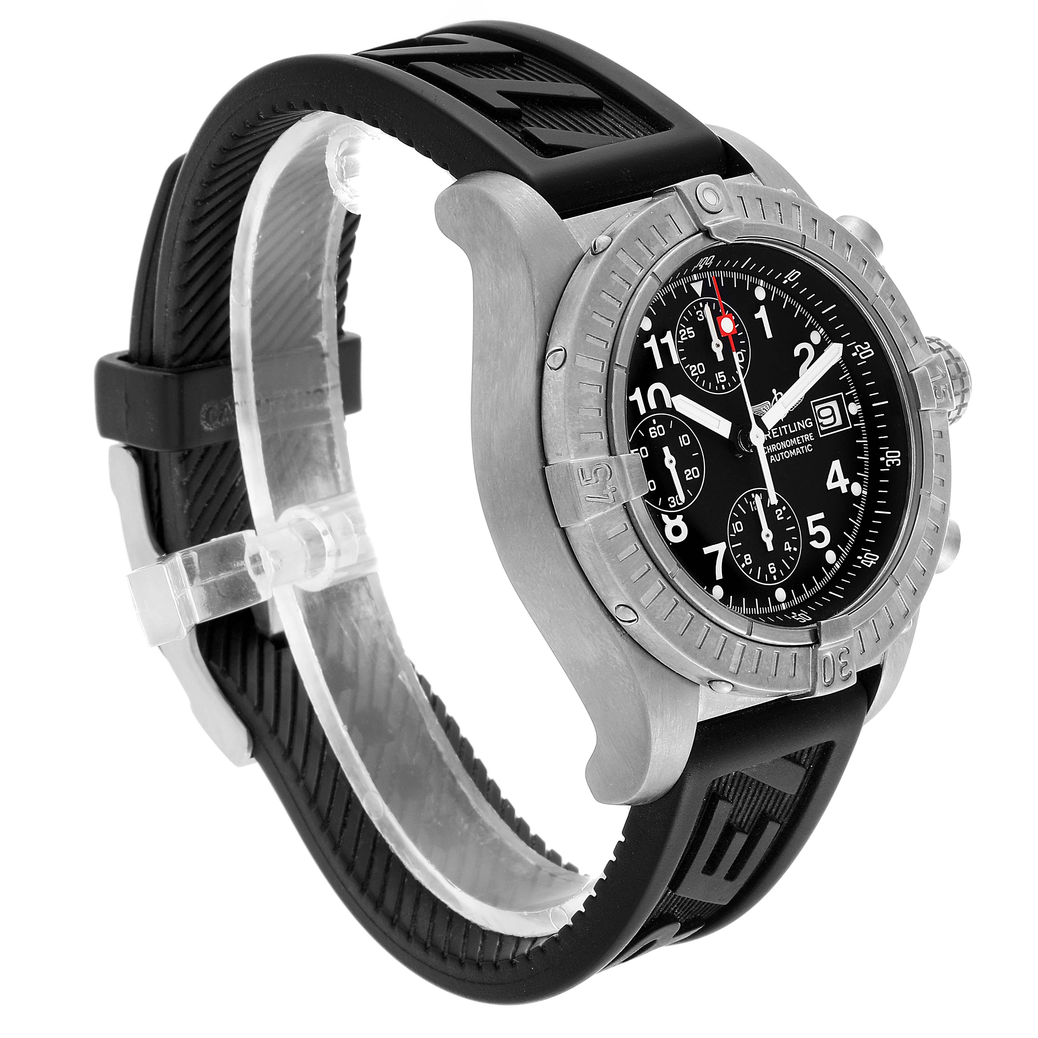 This Breitling Avenger E13360 Men's Titanium Black Dial E13360 Men's Titanium Black Dial watch is shown at a three-quarter angle, highlighting the bezel, dial, and rubber strap.