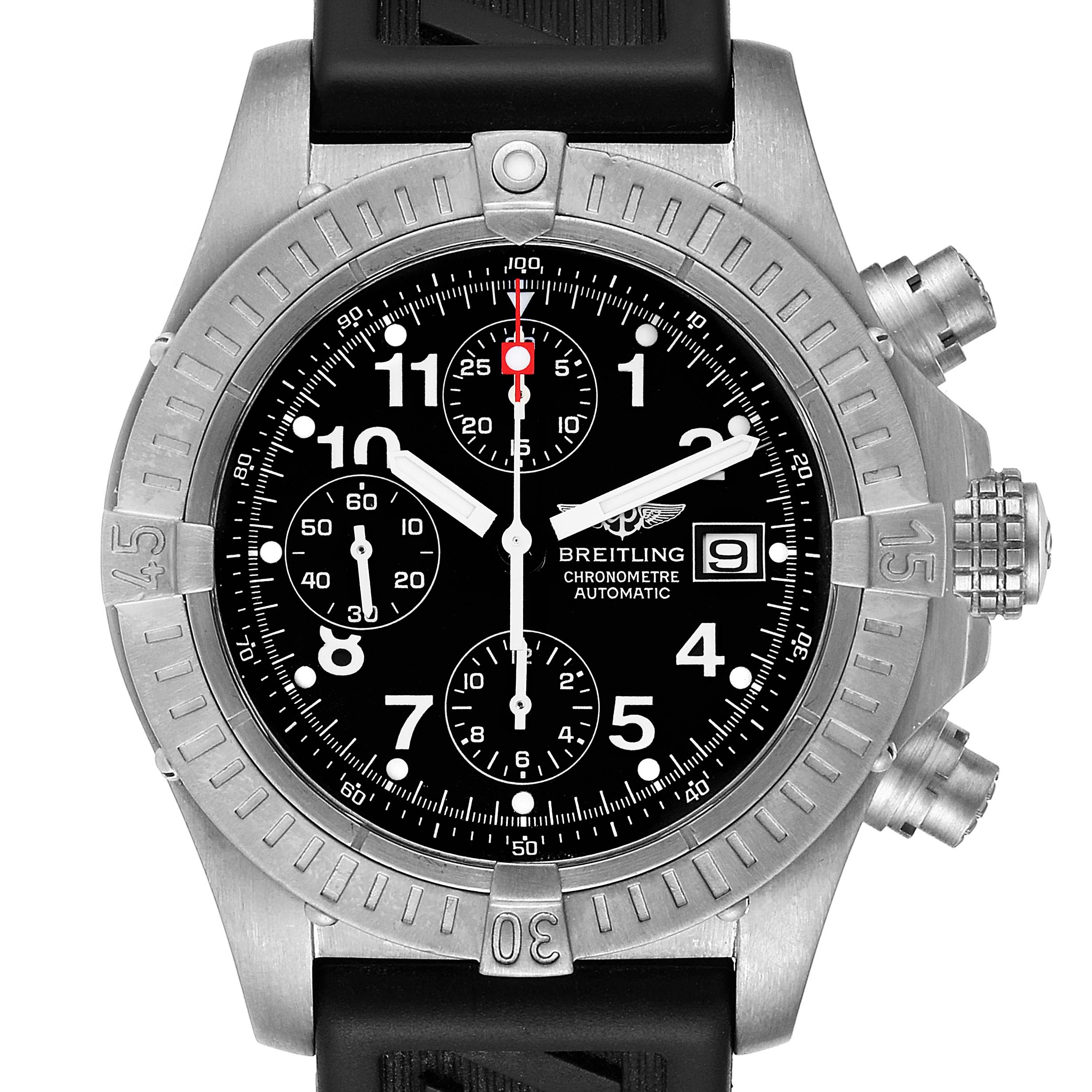 This image shows a frontal view of the Breitling Avenger E13360 Men's Titanium Black Dial E13360 Men's Titanium Black Dial model watch, highlighting the bezel, crown, dial, and chronograph features.