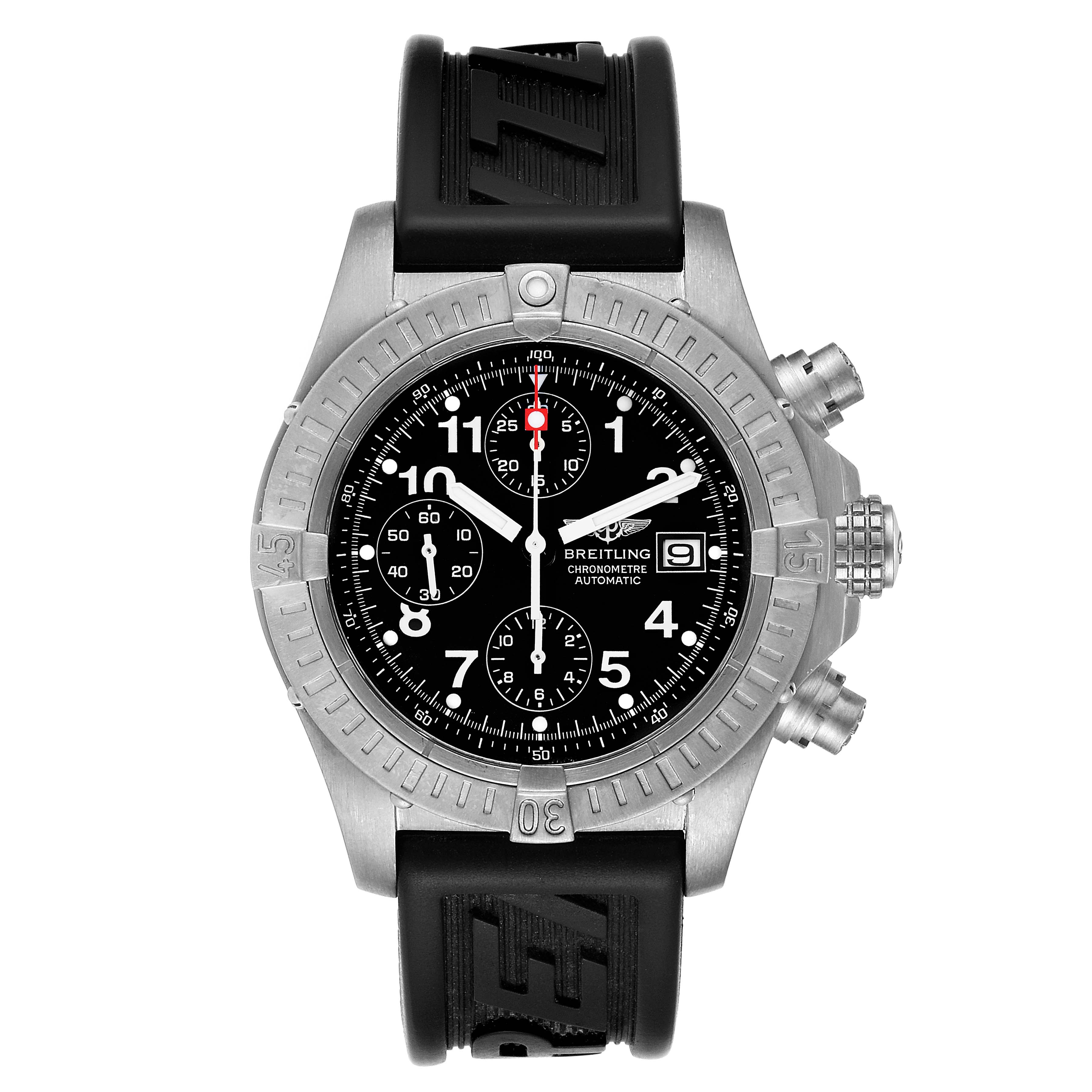 The image shows a frontal view of a Breitling Avenger E13360 Men's Titanium Black Dial E13360 Men's Titanium Black Dial watch, displaying its black dial, bezel, and rubber strap.