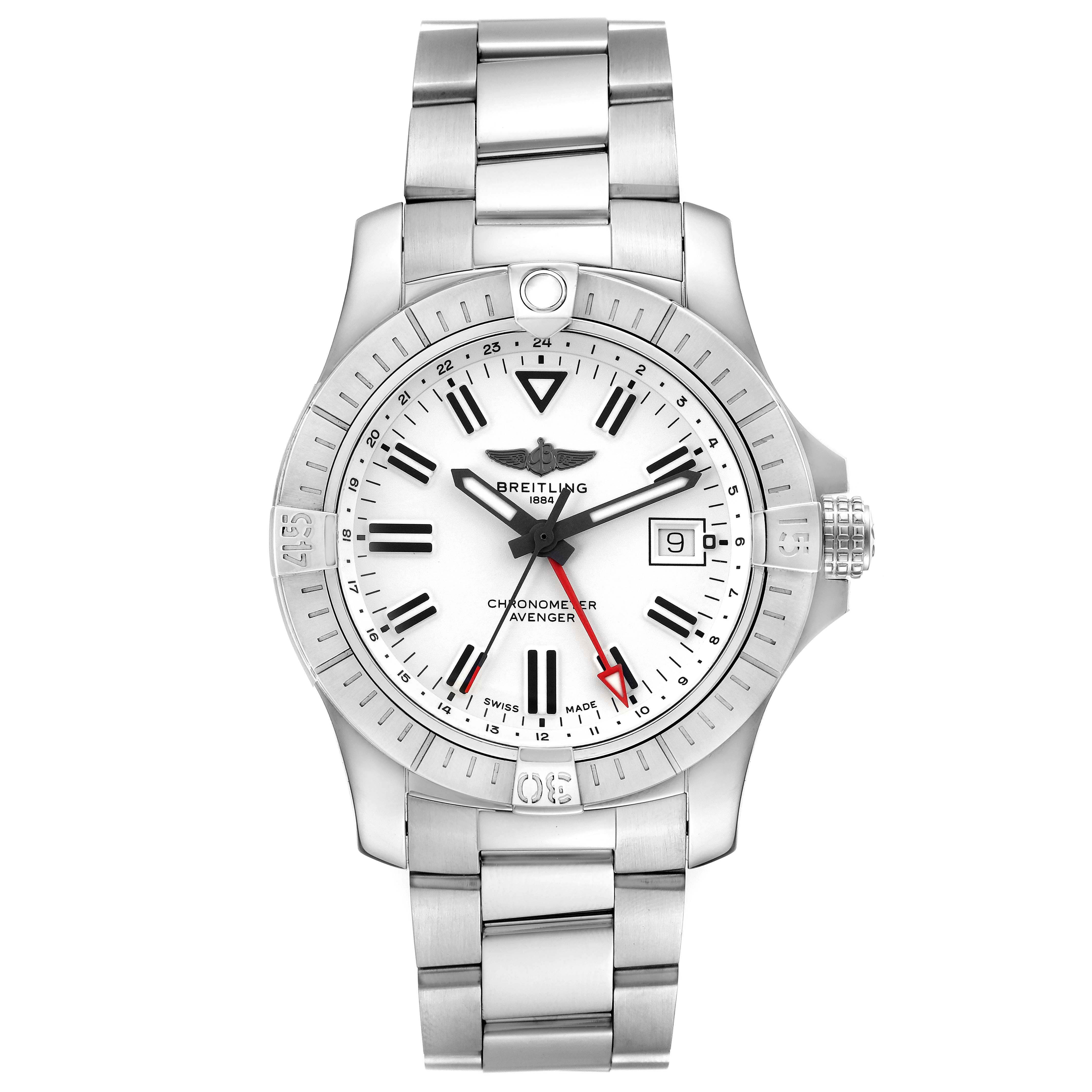 The image shows a front view of the Breitling Avenger A32397 Men's Stainless Steel White Dial A32397 Men's Stainless Steel White Dial watch, highlighting its dial, hands, bezel, and stainless steel bracelet.