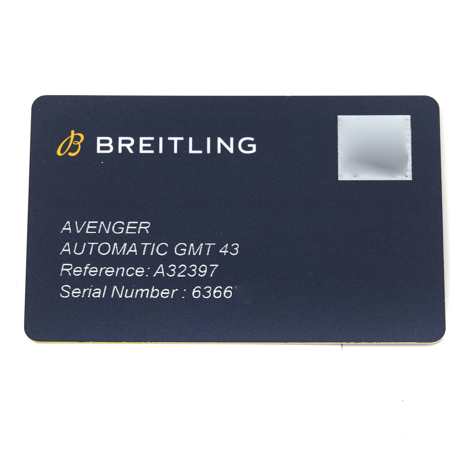 The image shows a warranty card for a Breitling Avenger A32397 Men's Stainless Steel White Dial A32397 Men's Stainless Steel White Dial Automatic GMT 43 watch, displaying reference and serial numbers.