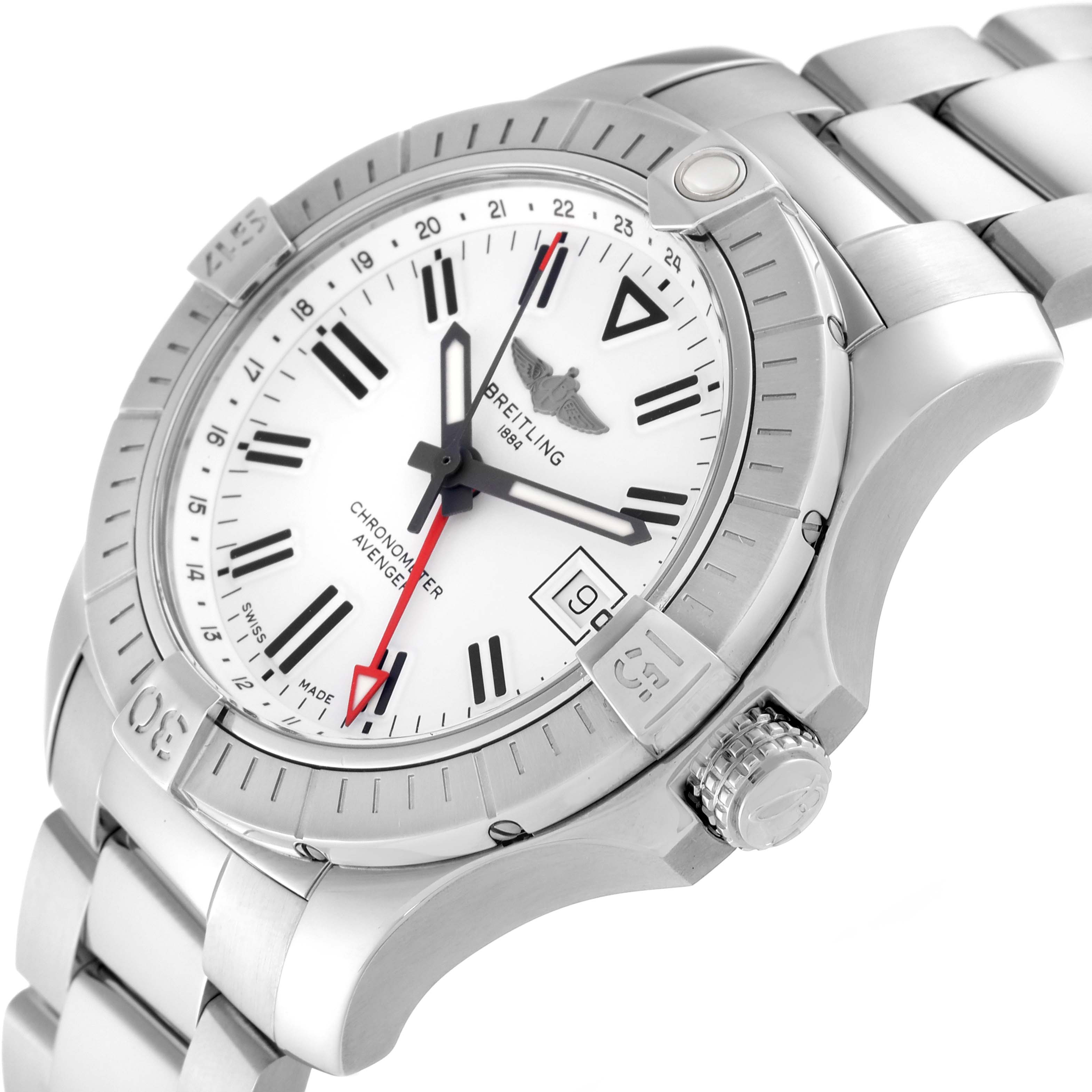 The image shows a side angle of the Breitling Avenger A32397 Men's Stainless Steel White Dial A32397 Men's Stainless Steel White Dial watch, highlighting the bezel, crown, and bracelet.