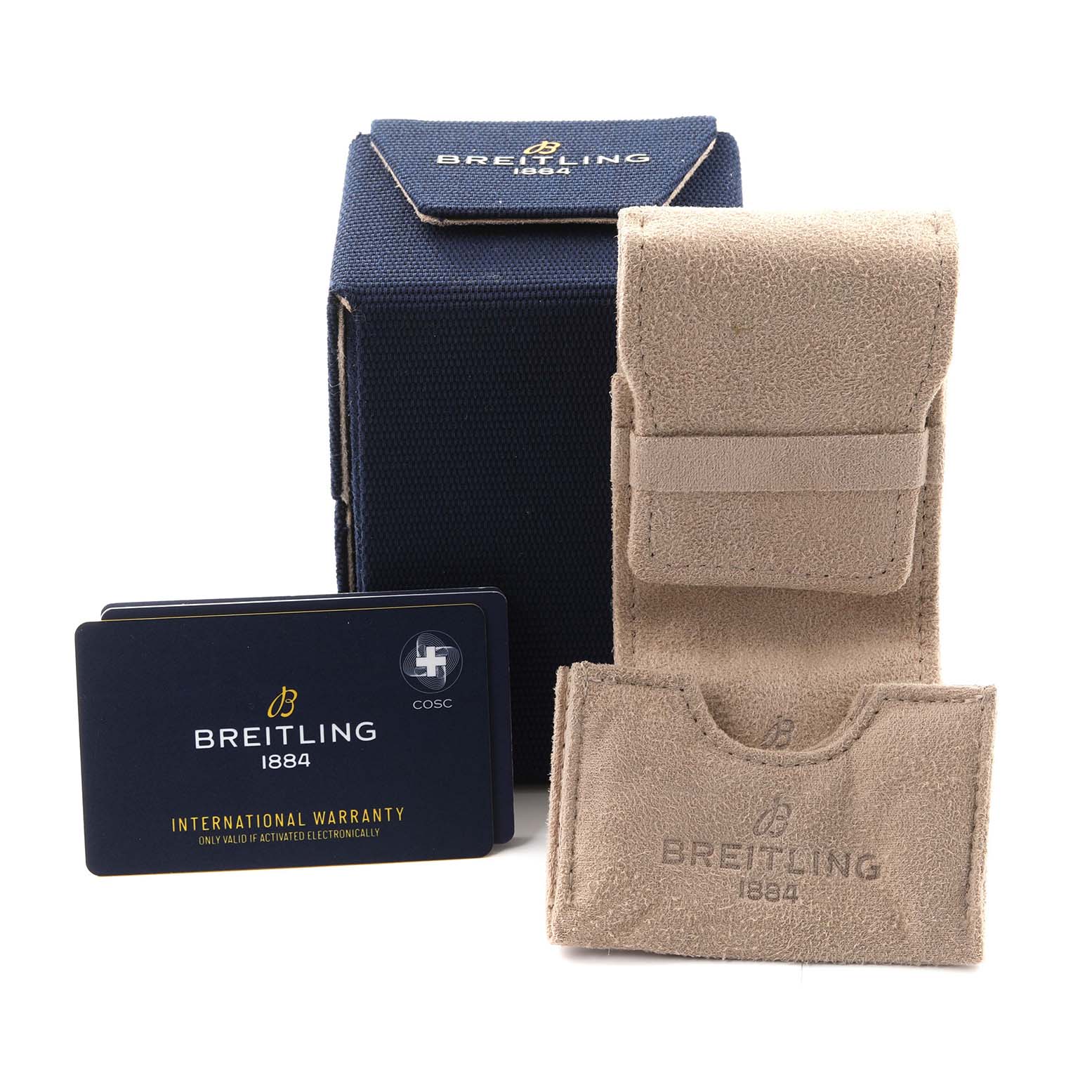 The image shows the box, pouch, and international warranty card of a Breitling Avenger A32397 Men's Stainless Steel White Dial A32397 Men's Stainless Steel White Dial watch.