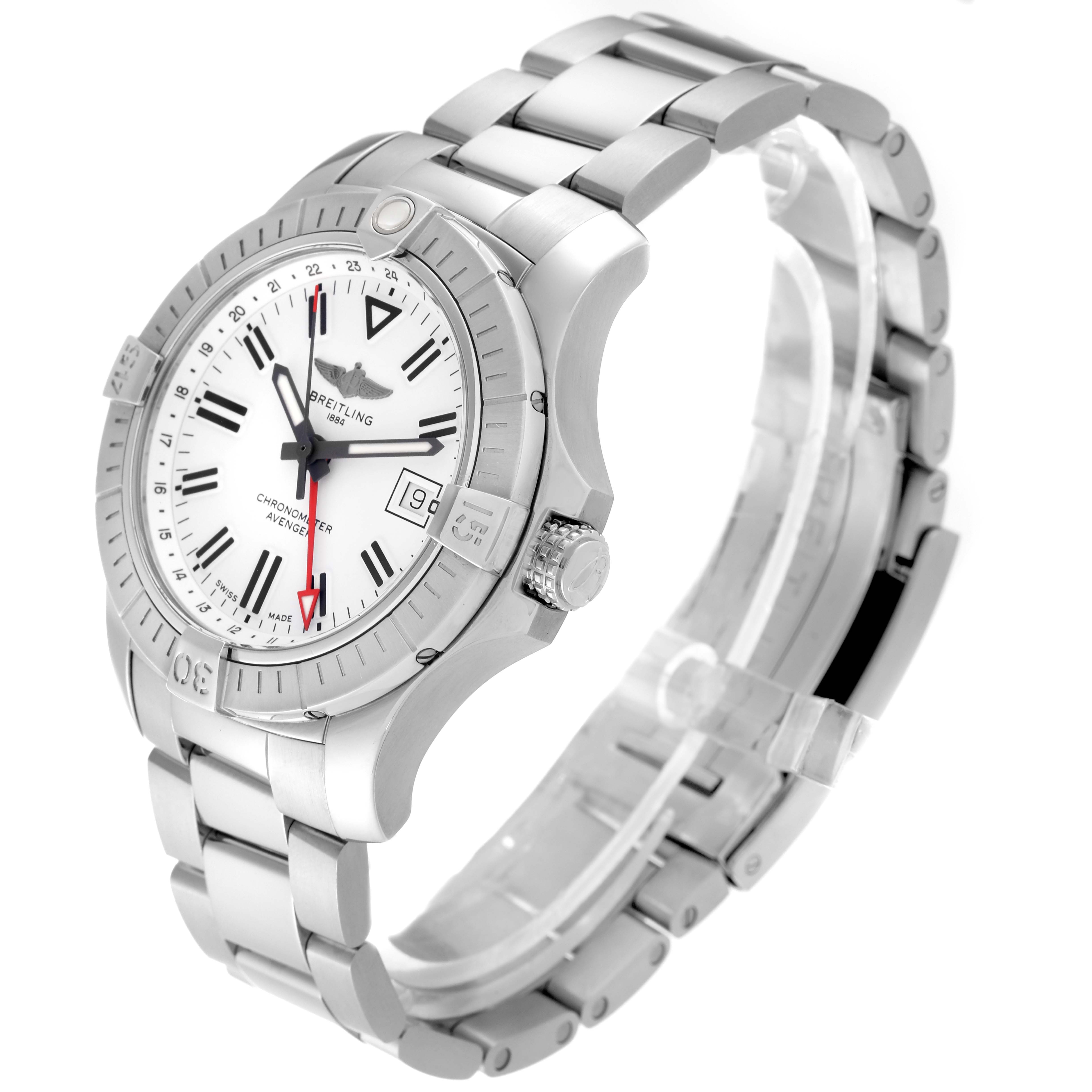 The Breitling Avenger A32397 Men's Stainless Steel White Dial A32397 Men's Stainless Steel White Dial watch is shown at a three-quarter angle, displaying the dial, bezel, crown, and stainless steel bracelet.