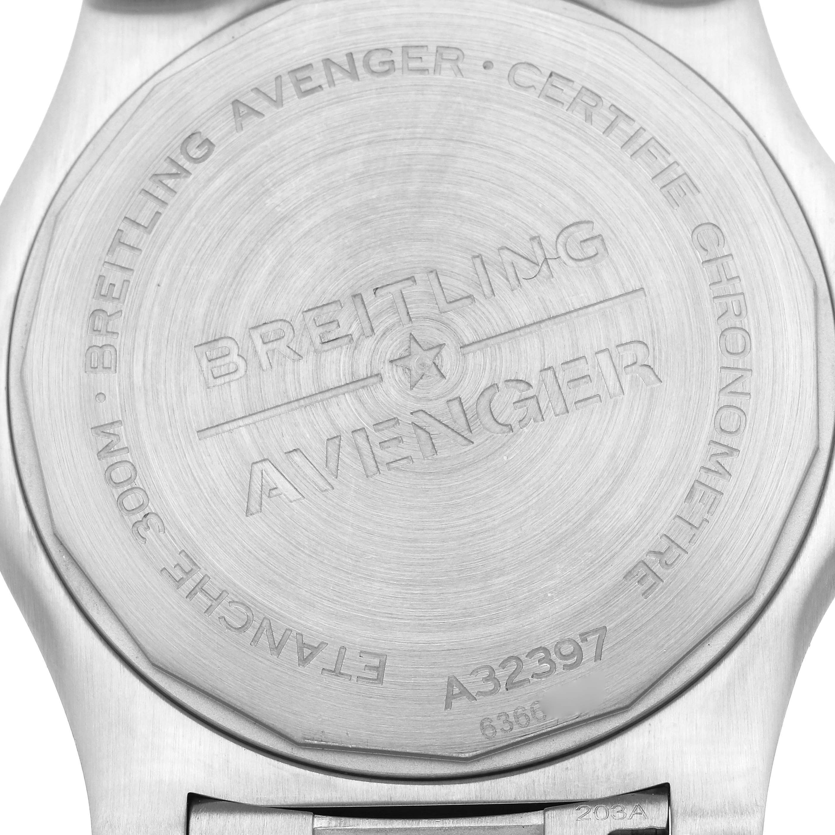 This image shows the case back of a Breitling Avenger A32397 Men's Stainless Steel White Dial A32397 Men's Stainless Steel White Dial model watch, displaying the engraved brand and model details.