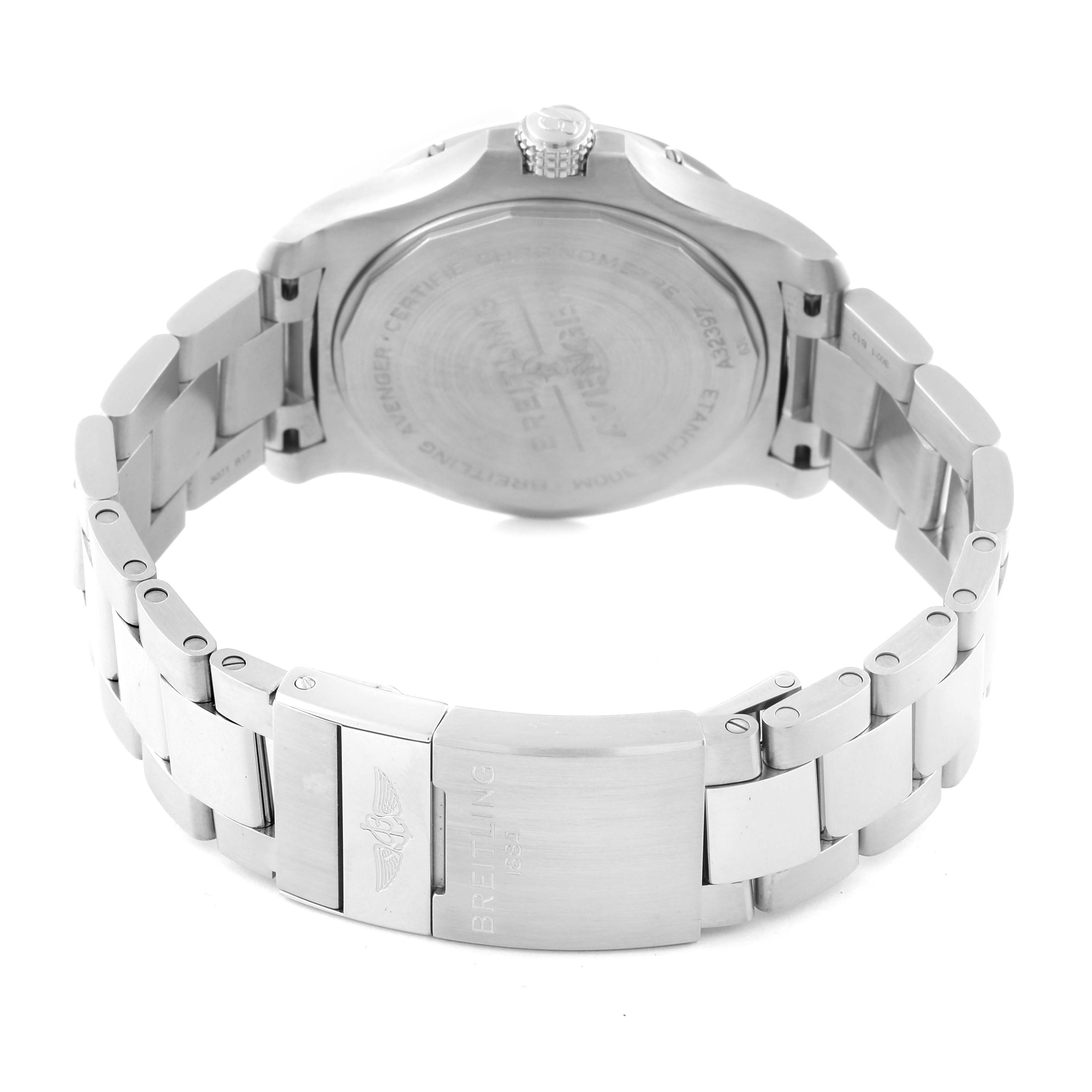 The image shows the back view of the Breitling Avenger A32397 Men's Stainless Steel White Dial A32397 Men's Stainless Steel White Dial watch, focusing on the case back and stainless steel bracelet clasp.
